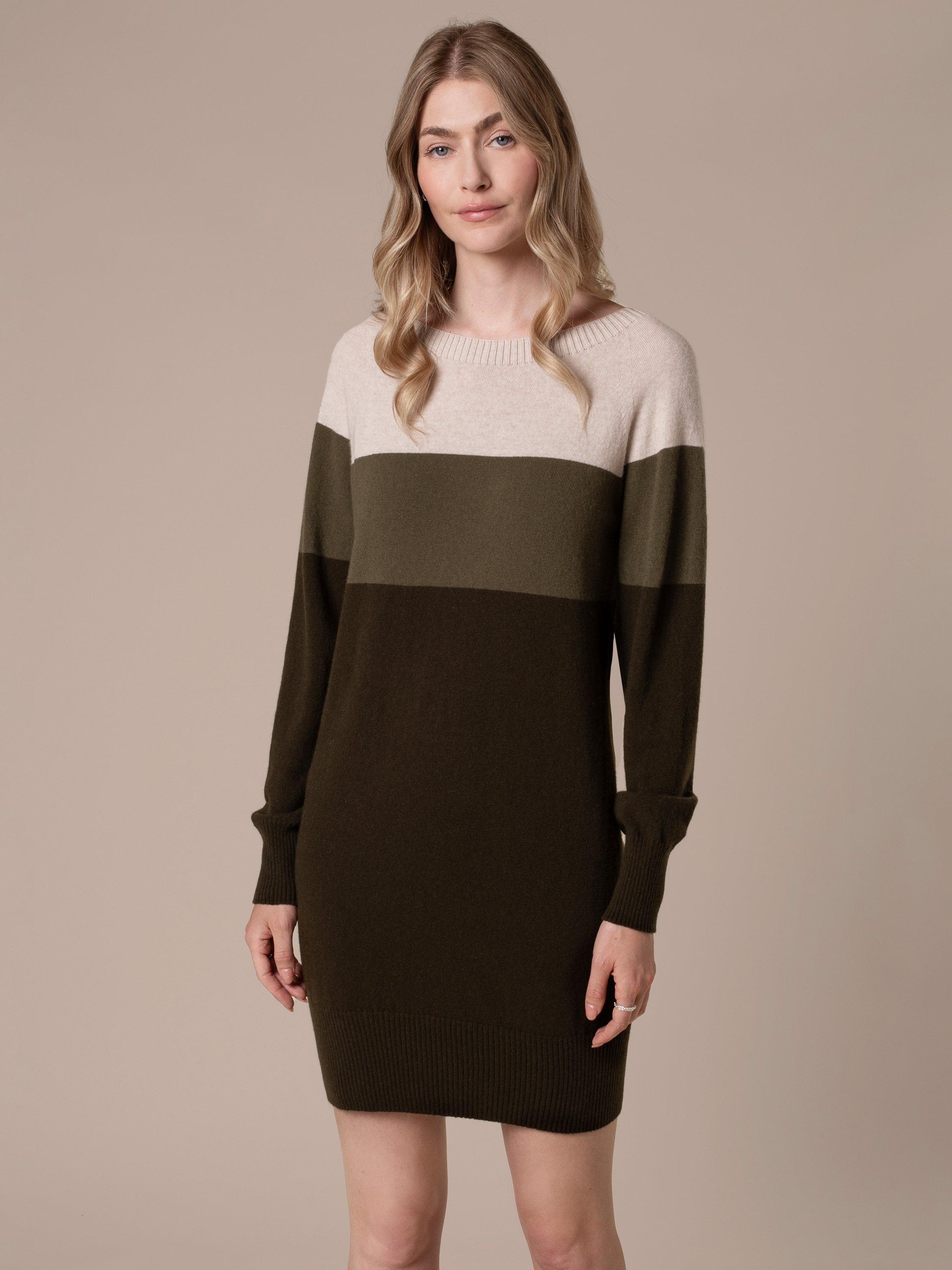 Product image 5 of 10, which shows Celtic & Co. Block Colour Long Sleeve Wool Mini Dress, Khaki Multi, XS