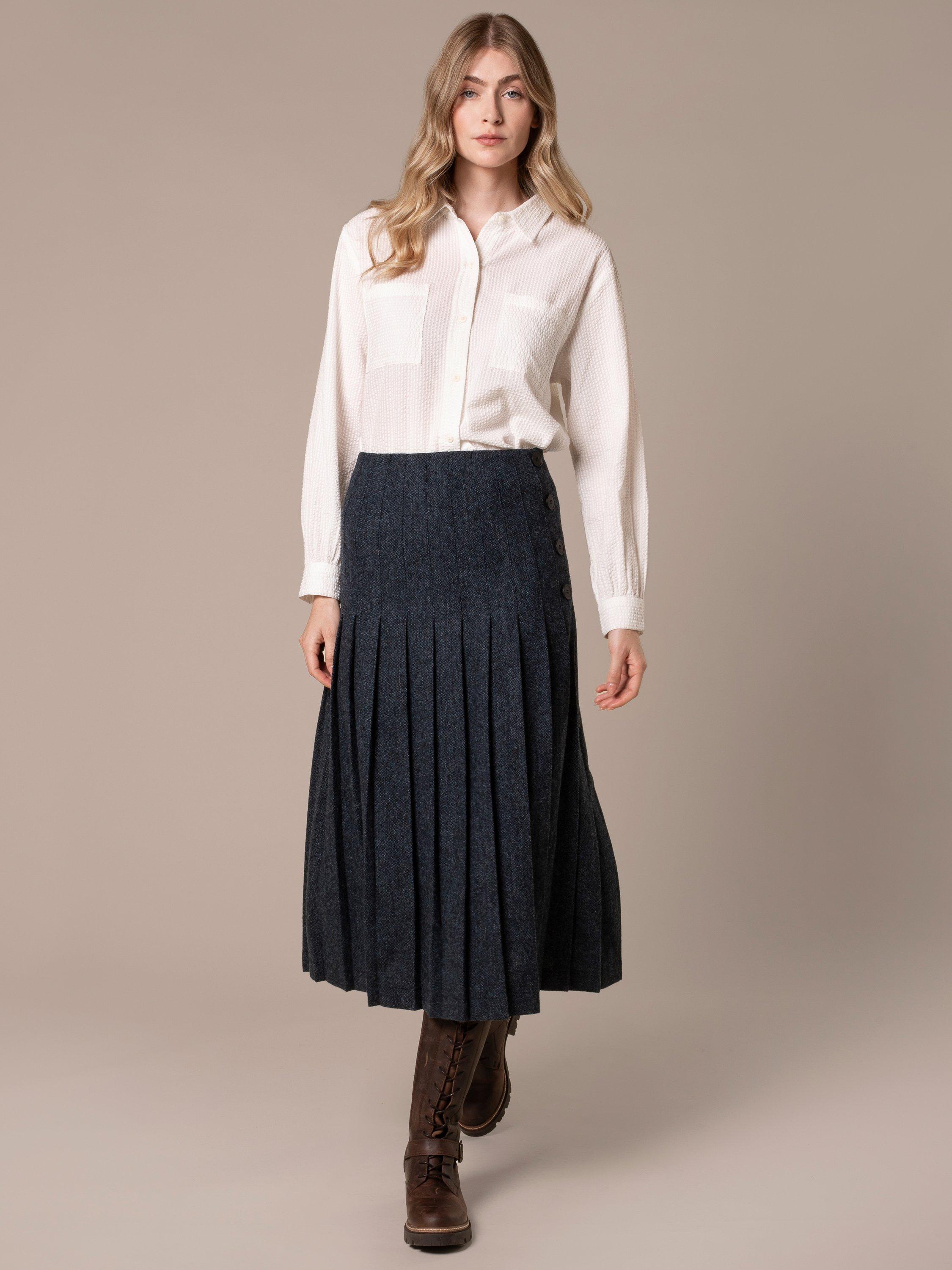 Product image 1 of 8, which shows Celtic & Co. Button Detail Pleated Midi Skirt, Dark Navy, 8