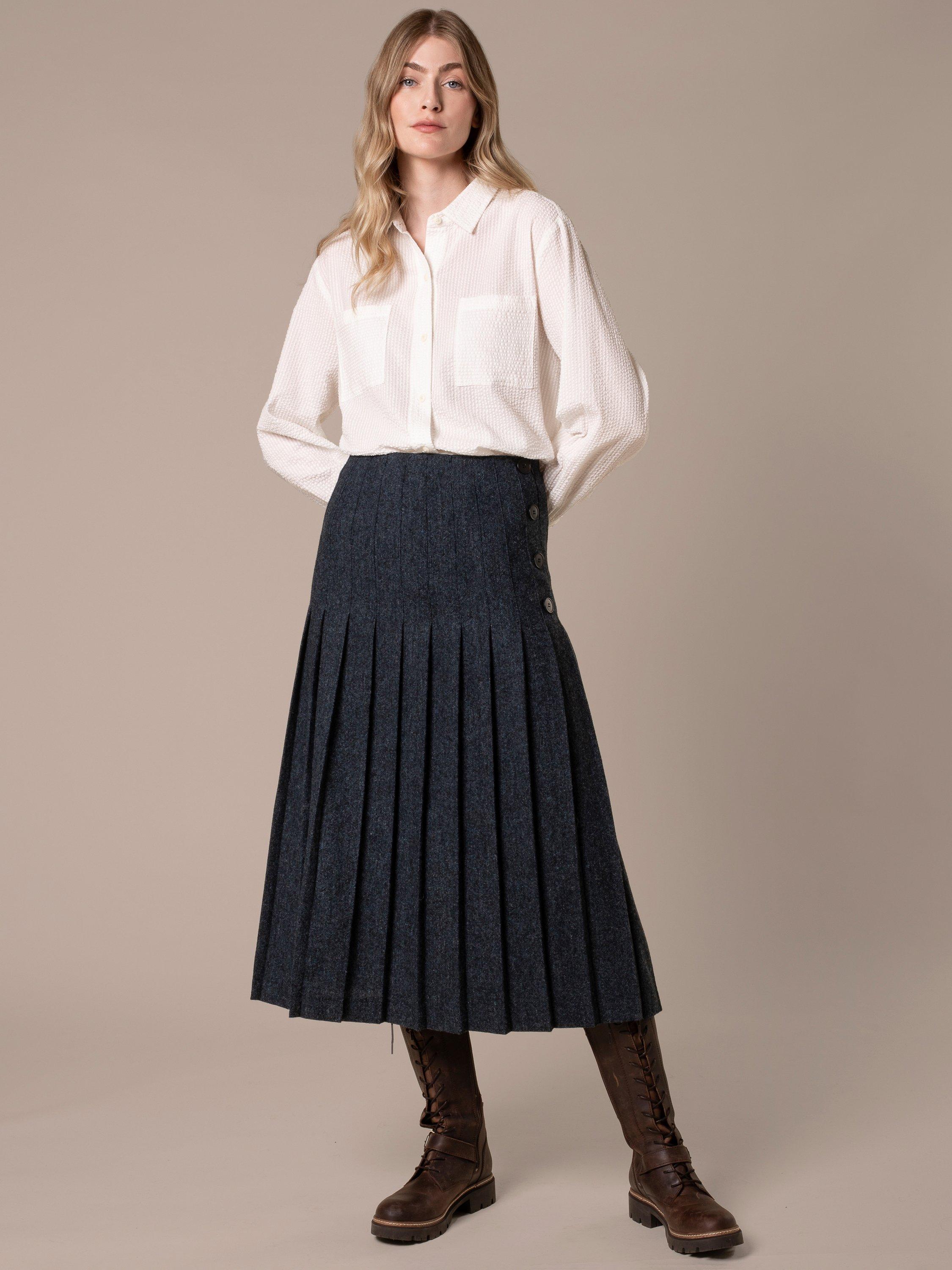 Product image 2 of 8, which shows Celtic & Co. Button Detail Pleated Midi Skirt, Dark Navy, 8