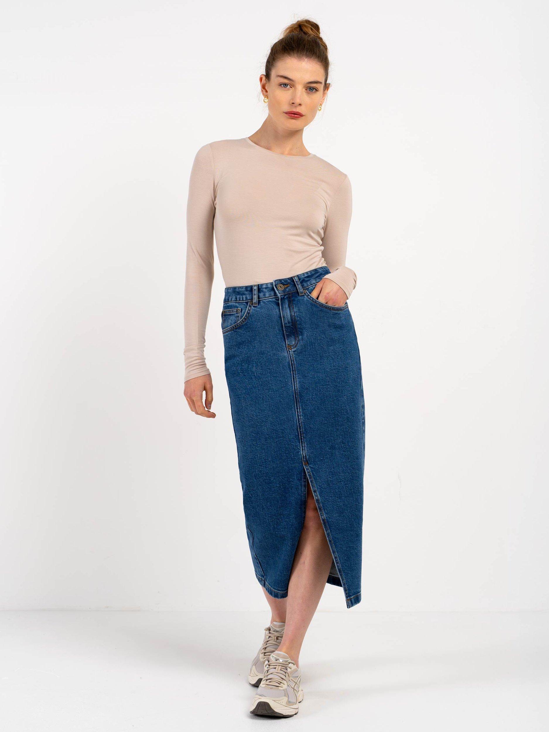 Product image 1 of 6, which shows Celtic & Co. Darla Denim Midi Skirt, Mid Denim, 8