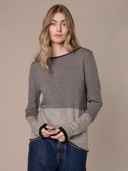 Celtic & Co. Striped Knit Merino Wool Boat Neck Jumper, Charcoal/Ecru