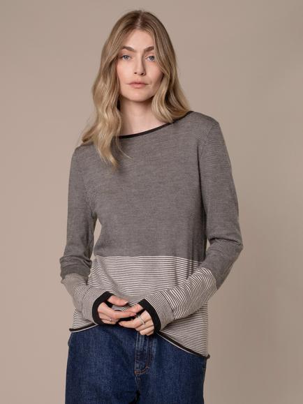 Celtic & Co. Striped Knit Merino Wool Boat Neck Jumper, Charcoal/Ecru
