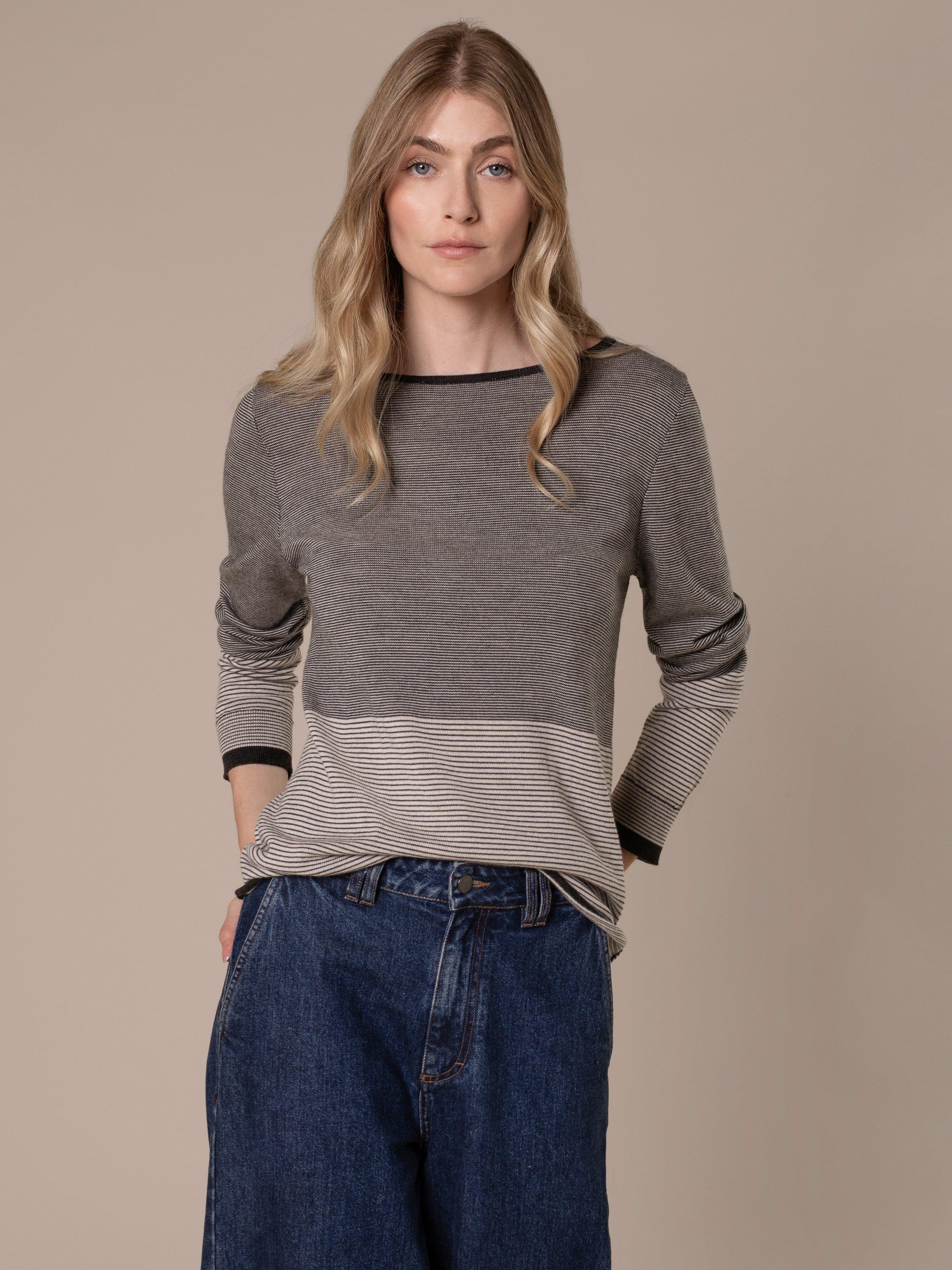 Product image 2 of 9, which shows Celtic & Co. Striped Knit Merino Wool Boat Neck Jumper, Charcoal/Ecru, XS