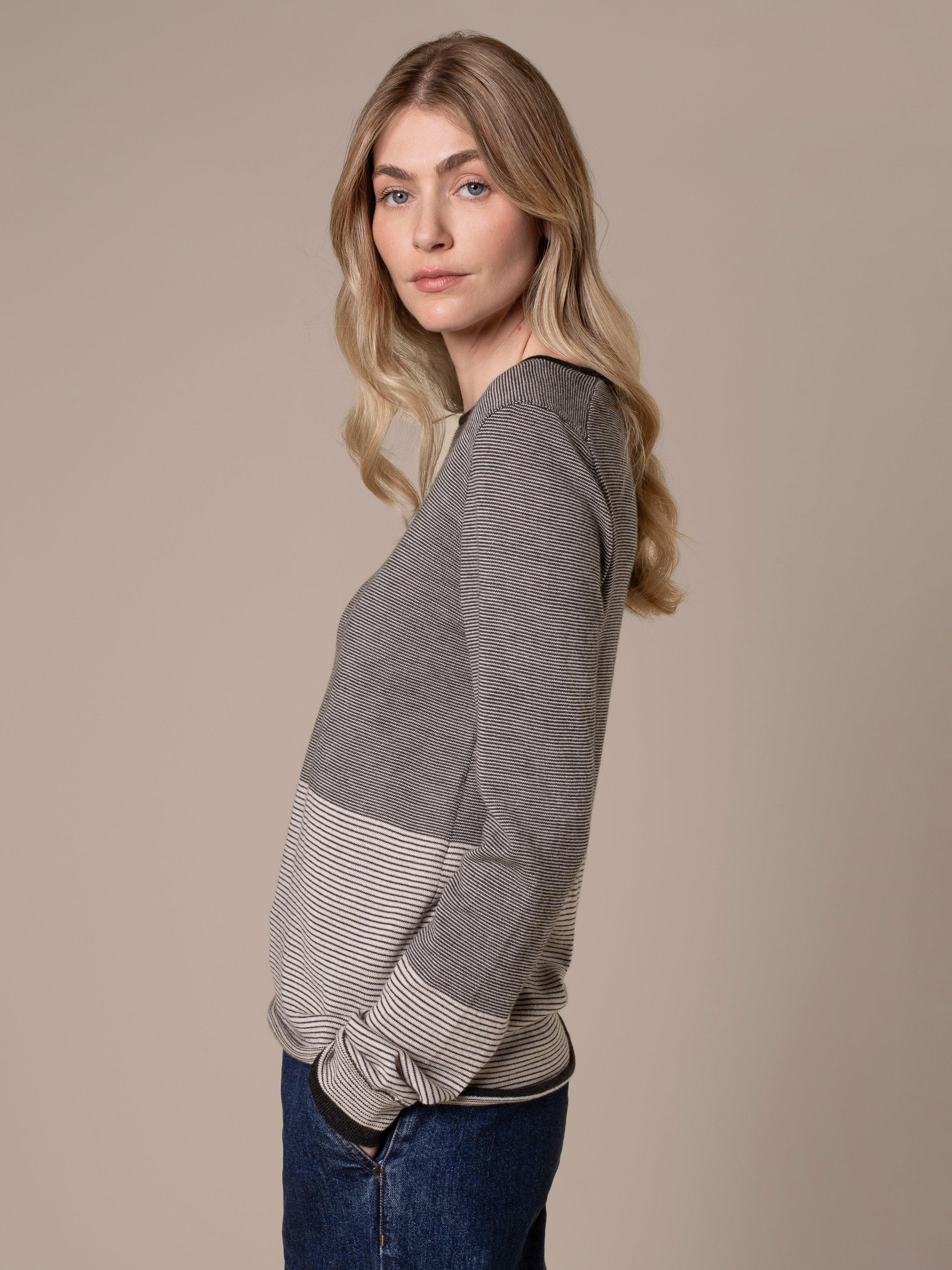 Product image 4 of 9, which shows Celtic & Co. Striped Knit Merino Wool Boat Neck Jumper, Charcoal/Ecru, XS