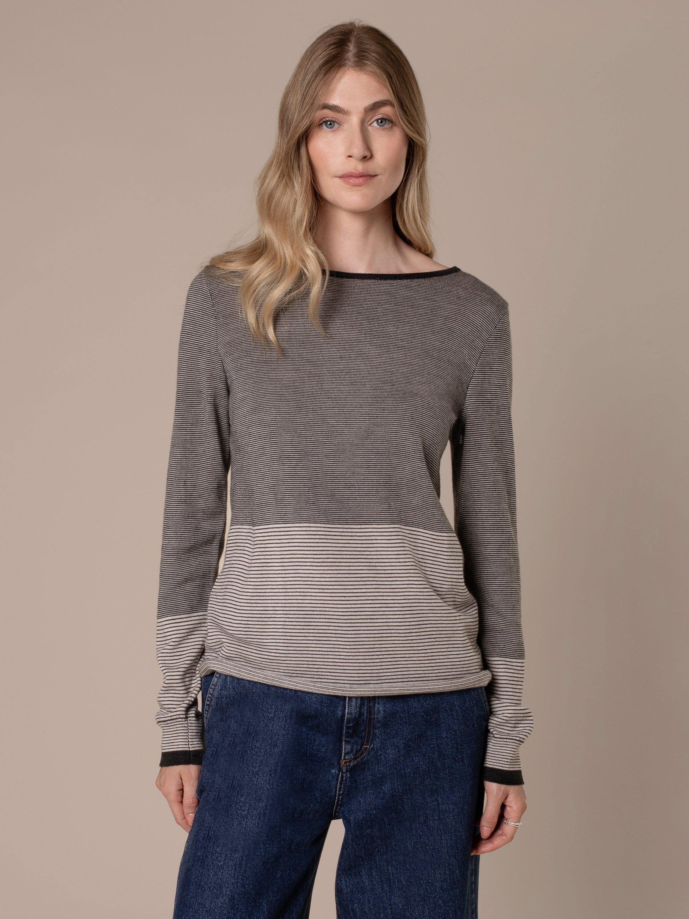Product image 5 of 9, which shows Celtic & Co. Striped Knit Merino Wool Boat Neck Jumper, Charcoal/Ecru, XS