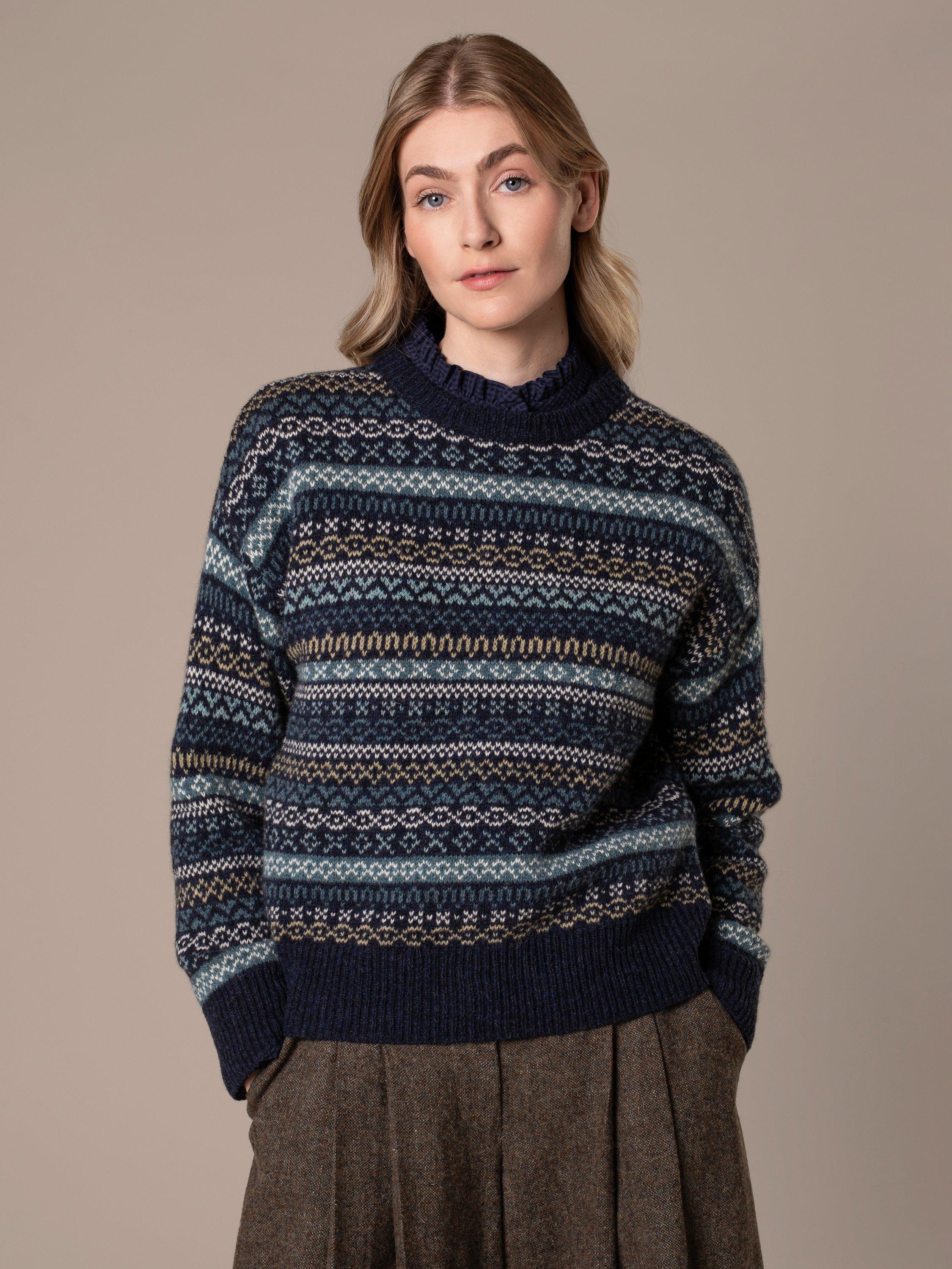 Product image 1 of 8, which shows Celtic & Co. Traditional Fair Isle Jumper, Navy/Multi, XS