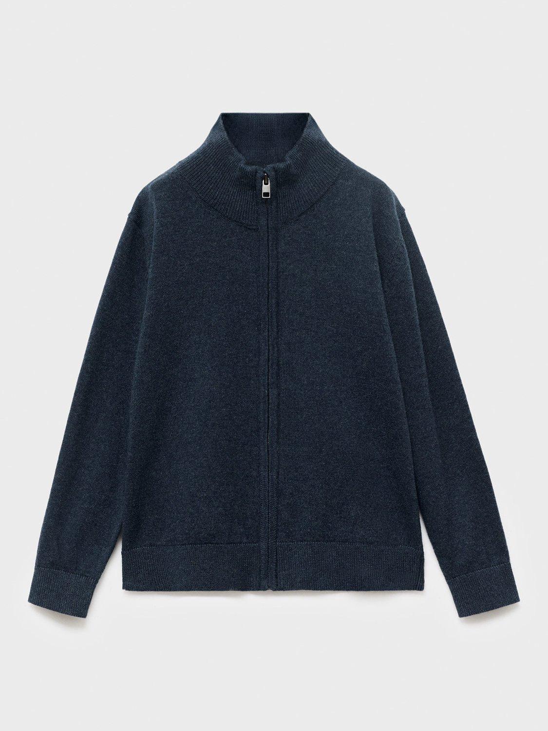 Product image 1 of 4, which shows Mango Kids' Lukeb Cotton Zip Neck Cardigan, Navy, 12-18 months