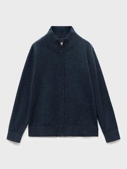 Mango Kids' Lukeb Cotton Zip Neck Cardigan, Navy, Navy