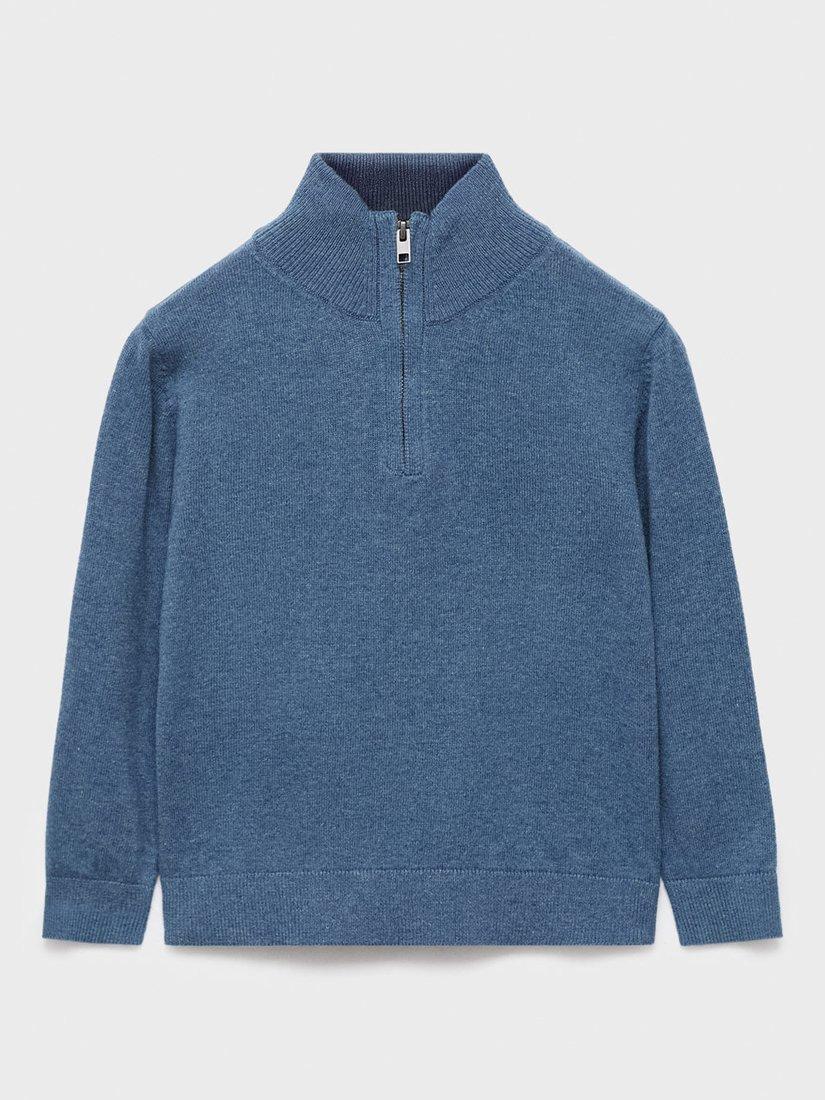 Product image 1 of 4, which shows Mango Kids' Harry Cotton Zip Neck Jumper, Medium Blue, 12-18 months