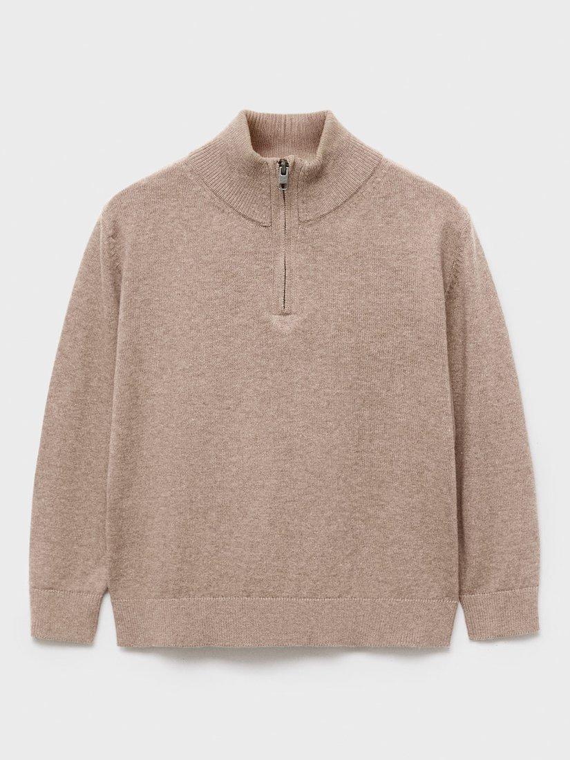 Product image 1 of 4, which shows Mango Kids' Harry Cotton Zip Neck Jumper, Medium Brown, 9-12 months