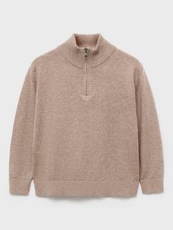 Mango Kids' Harry Cotton Zip Neck Jumper, Medium Brown