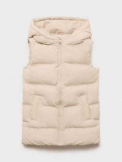 Mango Kids' Lina Quilted Hooded Waterproof Gilet, Light Beige, Light Beige