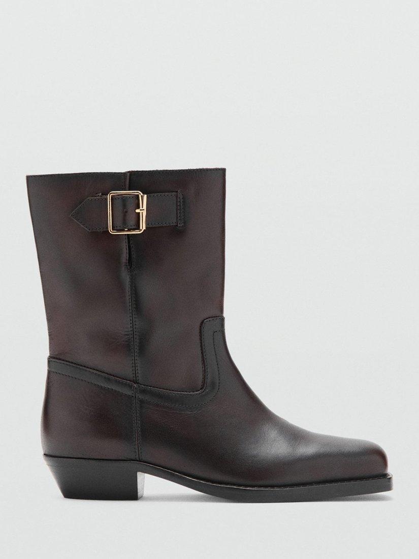 Mango Marty Leather Buckle Ankle Boots, Dark Brown