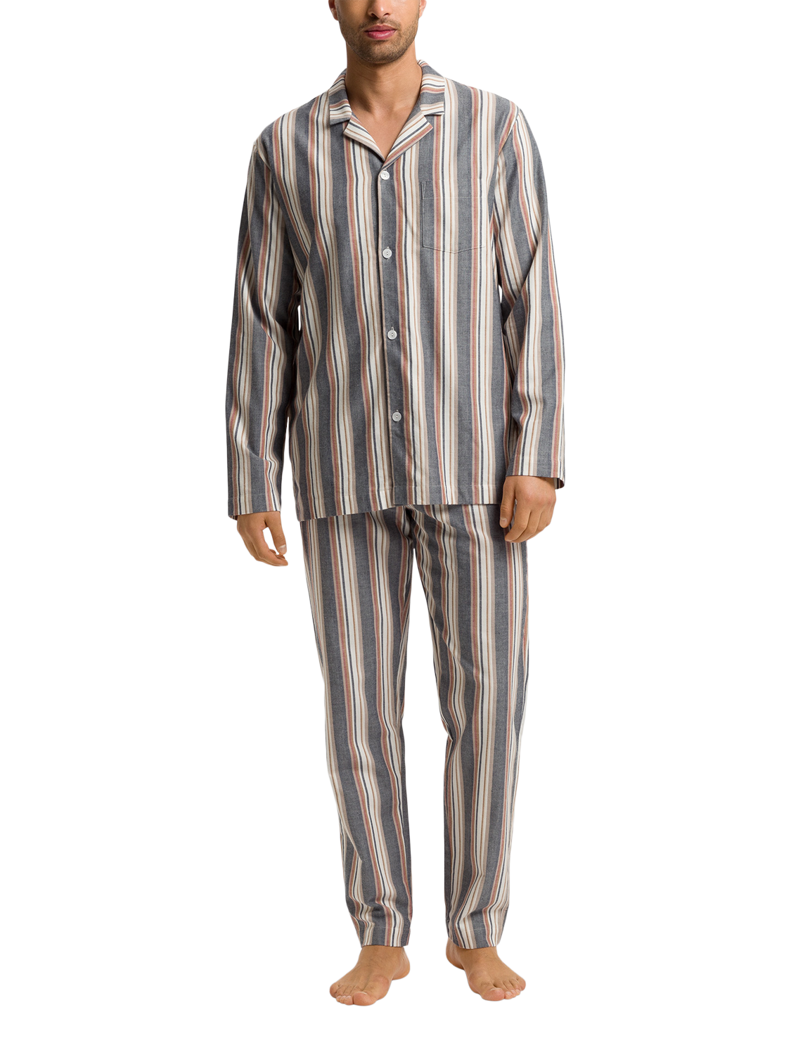 Product image 1 of 6, which shows Hanro Cotton Stripe Long Sleeve Pyjama Set, Redwood Stripe, S
