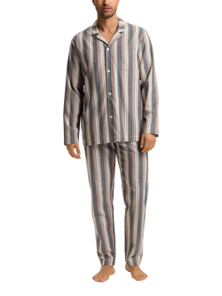 Hanro Cotton Stripe Long Sleeve Pyjama Set, Redwood Stripe, Redwood Stripe