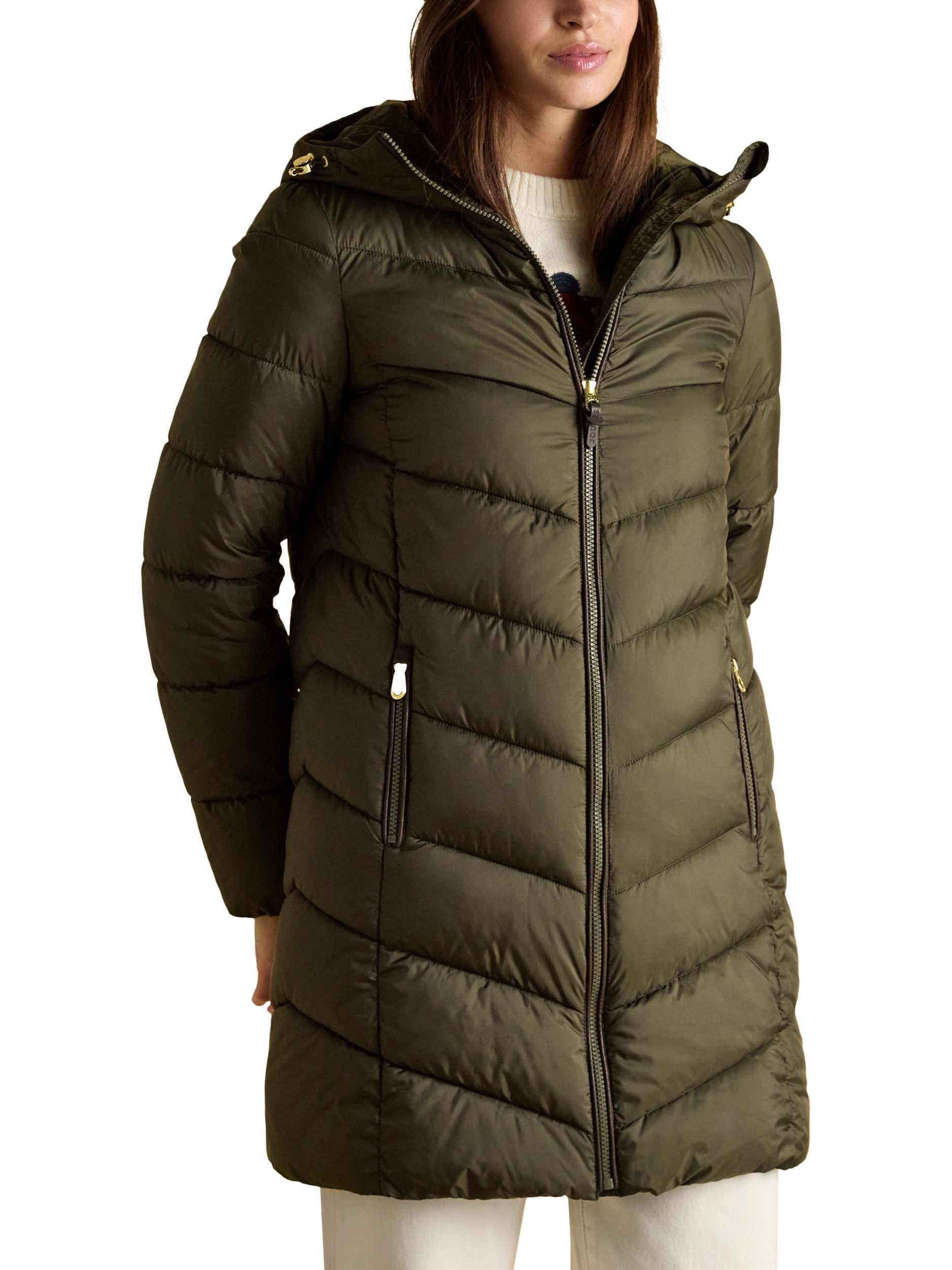Product image 1 of 9, which shows Joules Moorsdale Long Line Quilted Jacket, Khaki, 6