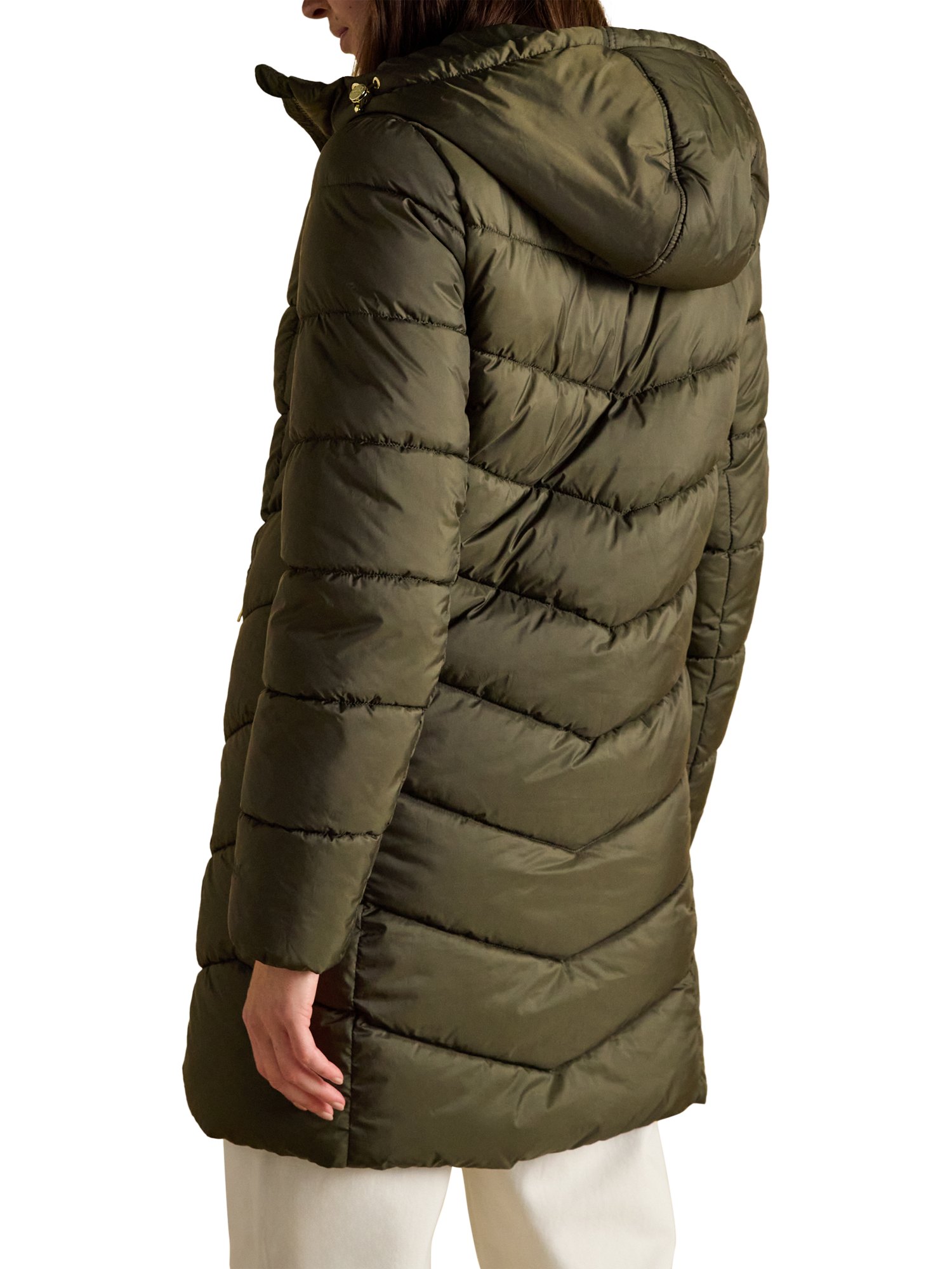 Product image 2 of 9, which shows Joules Moorsdale Long Line Quilted Jacket, Khaki, 6