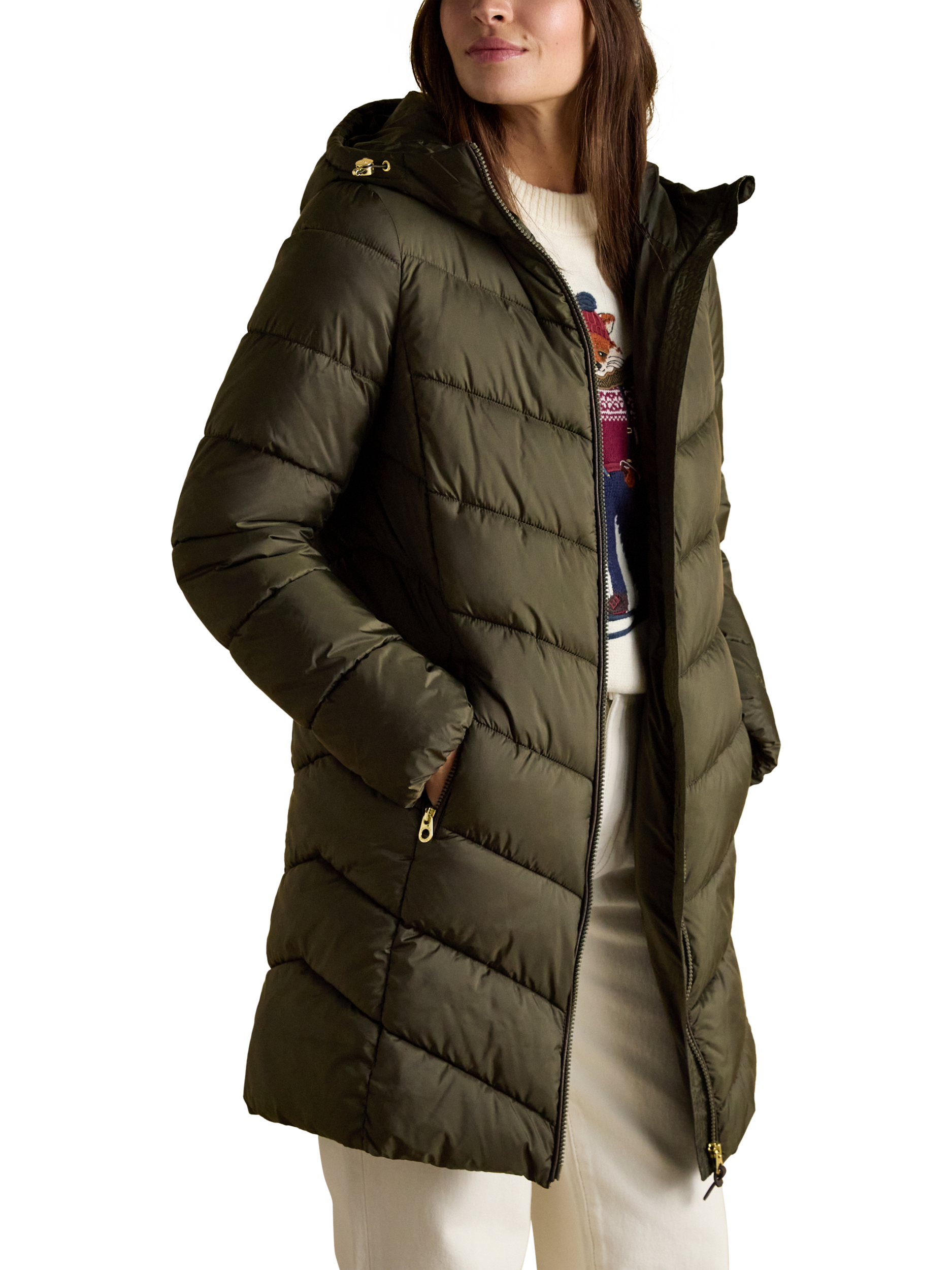 Product image 5 of 9, which shows Joules Moorsdale Long Line Quilted Jacket, Khaki, 6