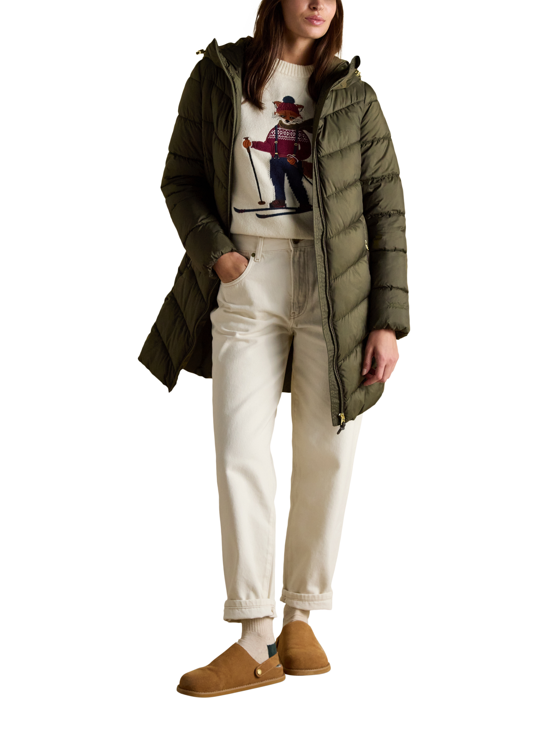 Product image 8 of 9, which shows Joules Moorsdale Long Line Quilted Jacket, Khaki, 6