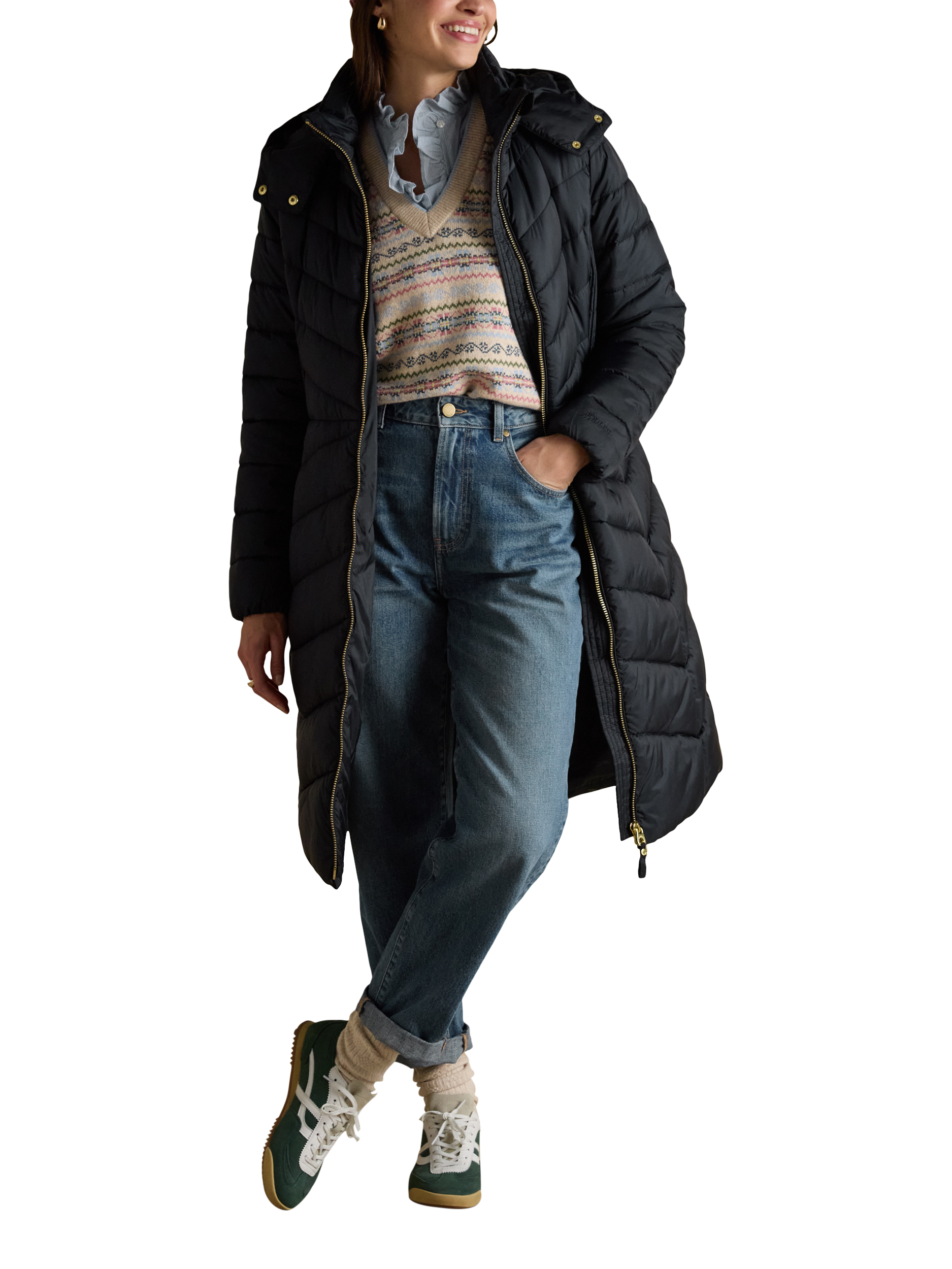 Product image 4 of 10, which shows Joules Longline Quilted Coat, Navy, 20