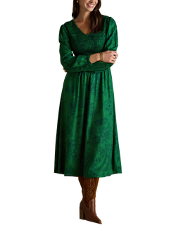 Joules Paisley Long Sleeve Midi Dress, Green/Multi, Green/Multi
