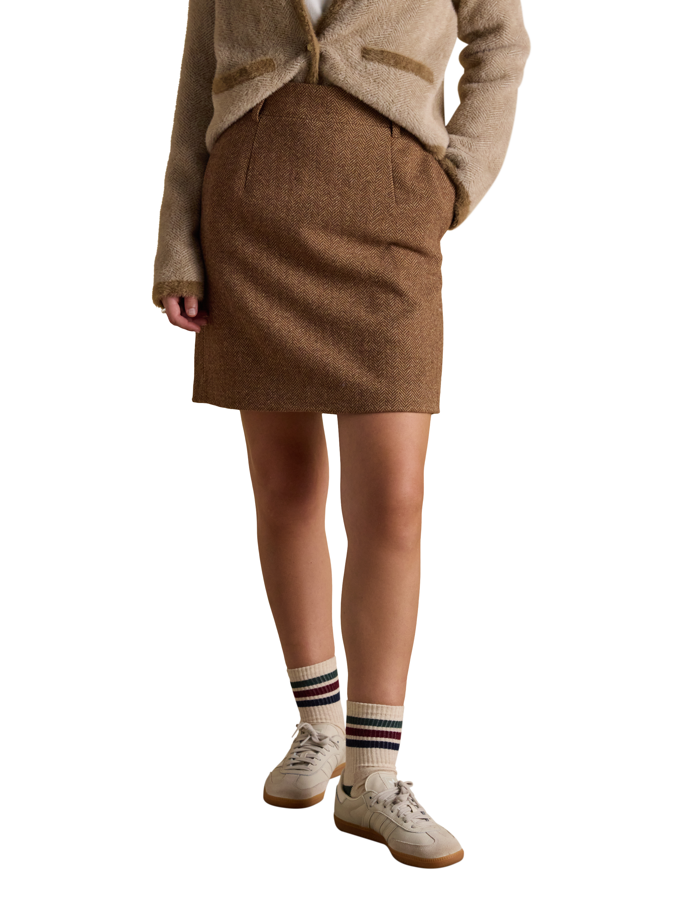 Product image 1 of 7, which shows Joules Bramble Tweed Wool Blend Mini Skirt, Brown, 6