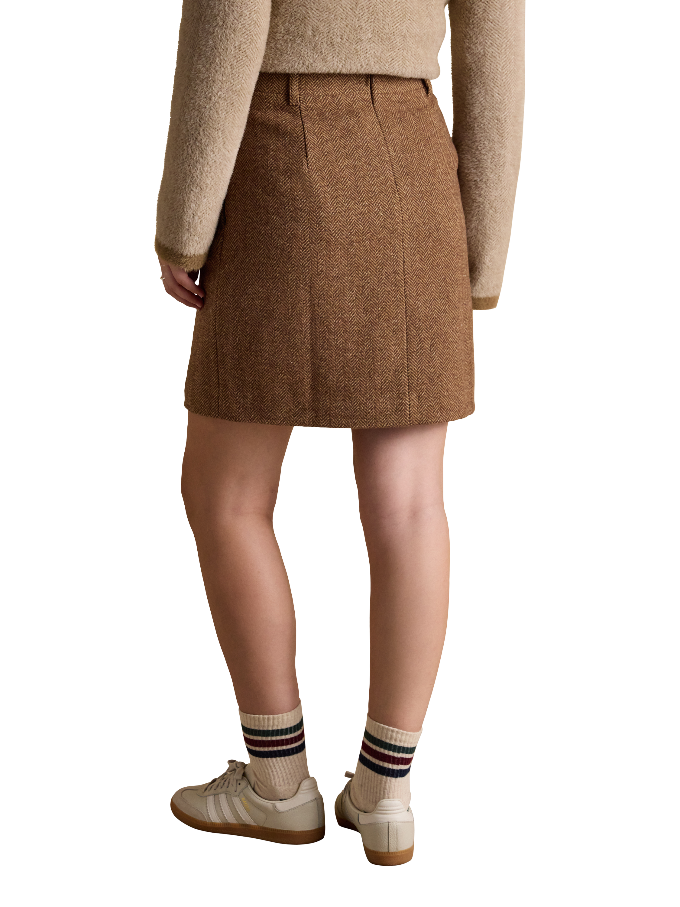 Product image 2 of 7, which shows Joules Bramble Tweed Wool Blend Mini Skirt, Brown, 6