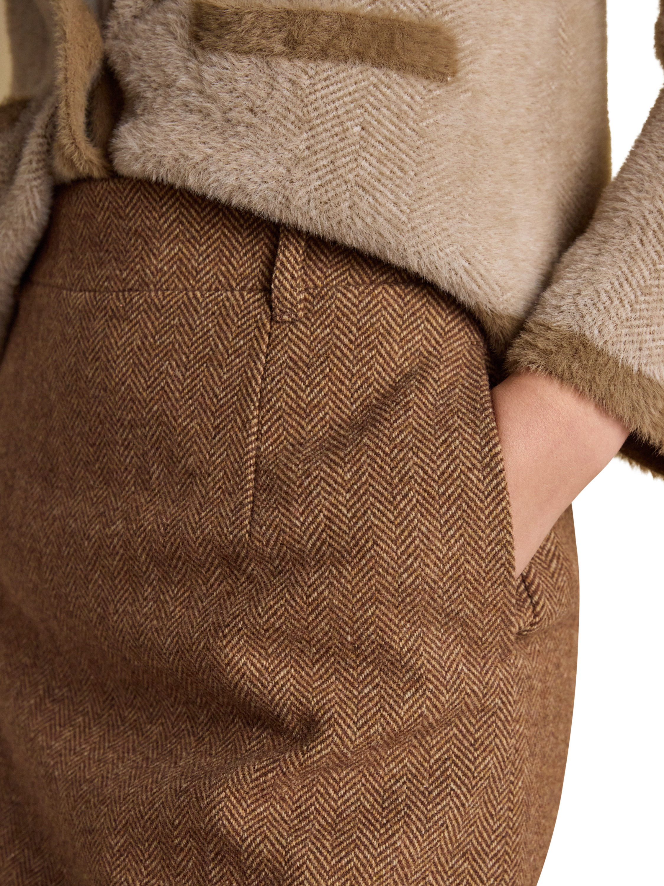 Product image 4 of 7, which shows Joules Bramble Tweed Wool Blend Mini Skirt, Brown, 6