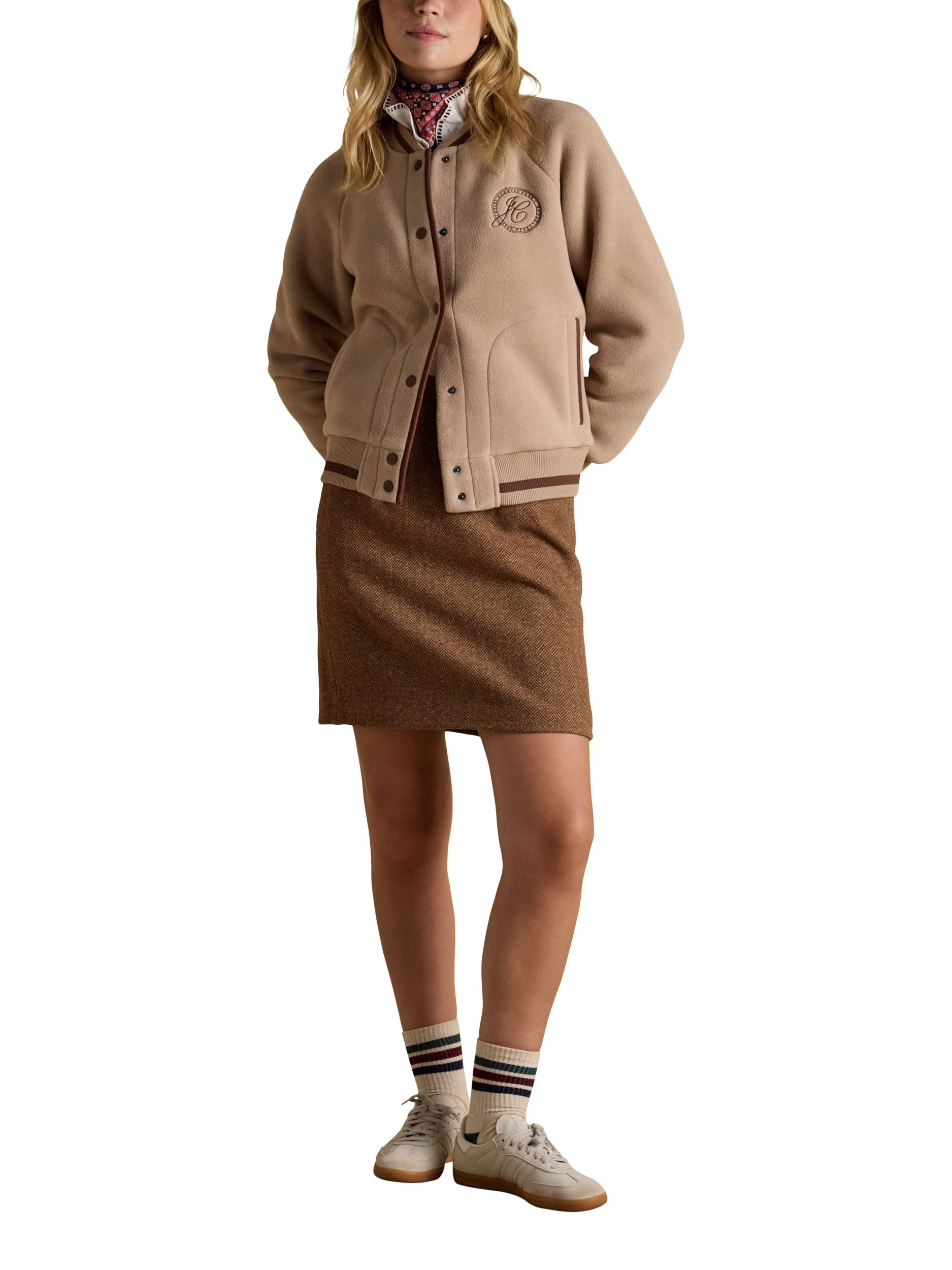 Product image 6 of 7, which shows Joules Bramble Tweed Wool Blend Mini Skirt, Brown, 6