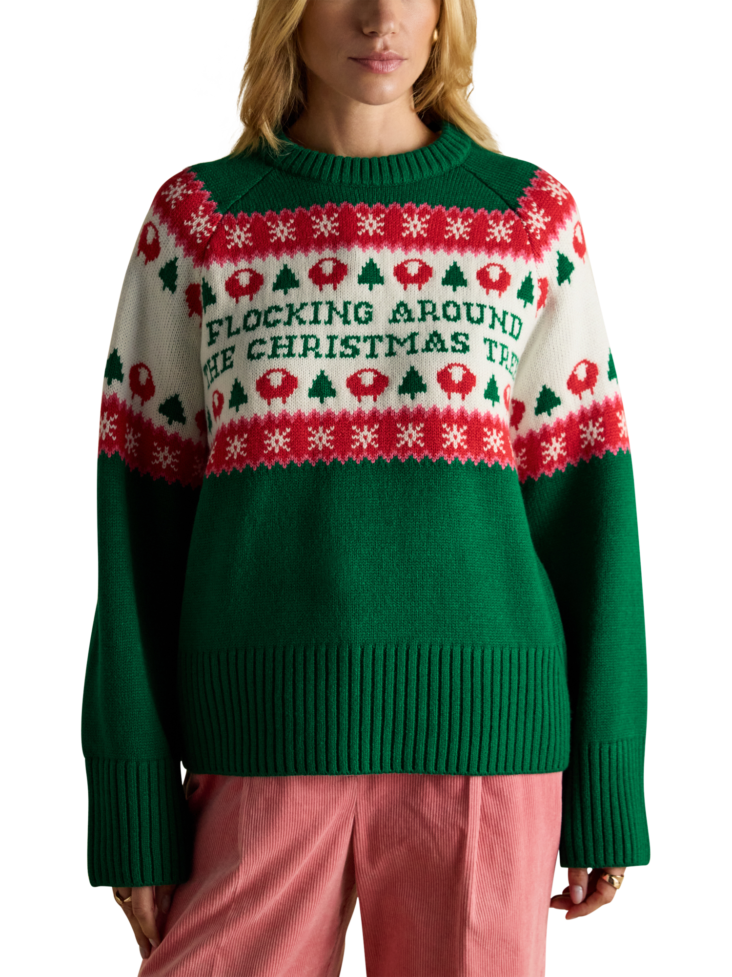 Product image 1 of 8, which shows Joules Sheep Fairisle Christmas Jumper, Green, M