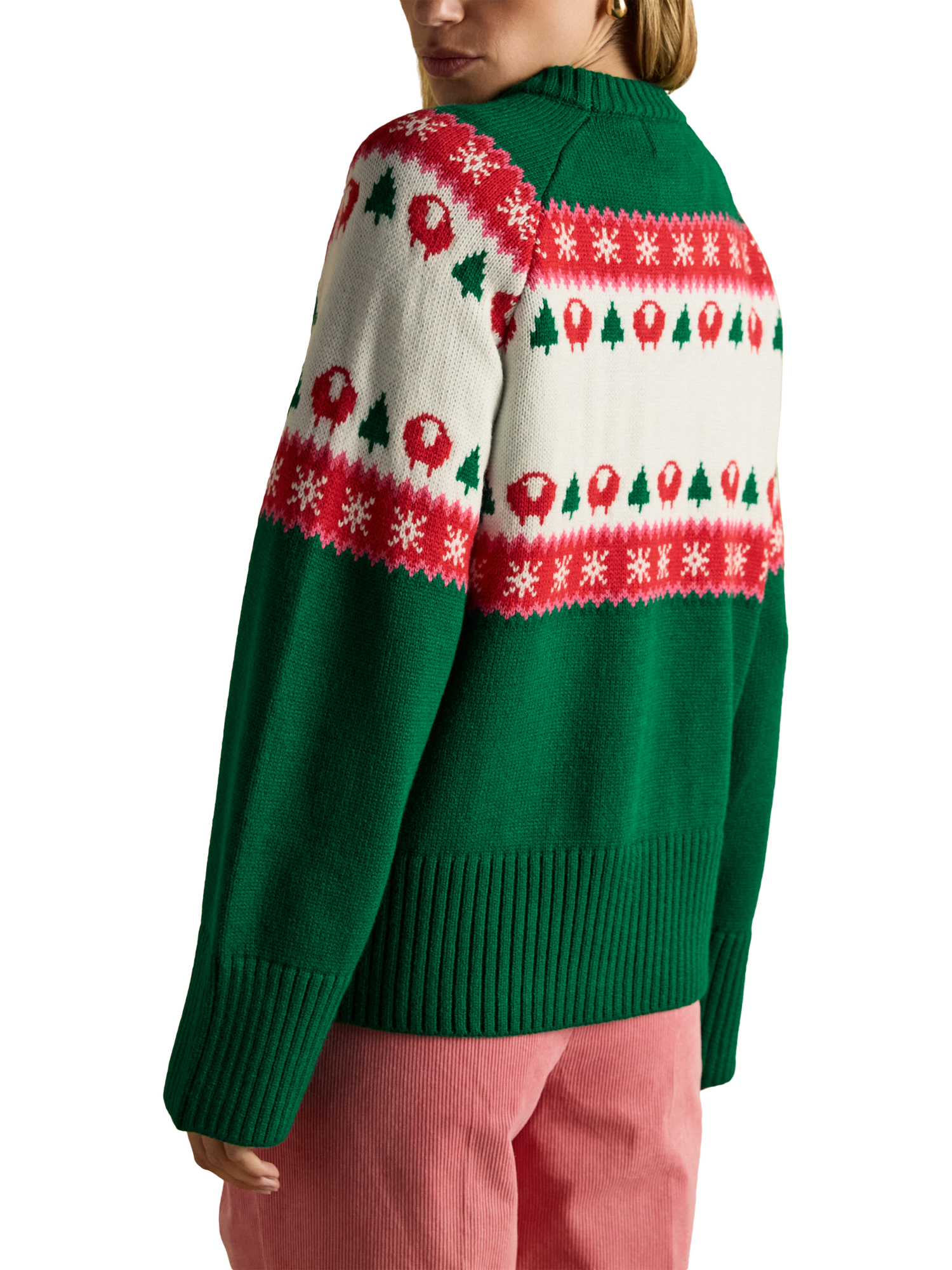 Product image 2 of 8, which shows Joules Sheep Fairisle Christmas Jumper, Green, M
