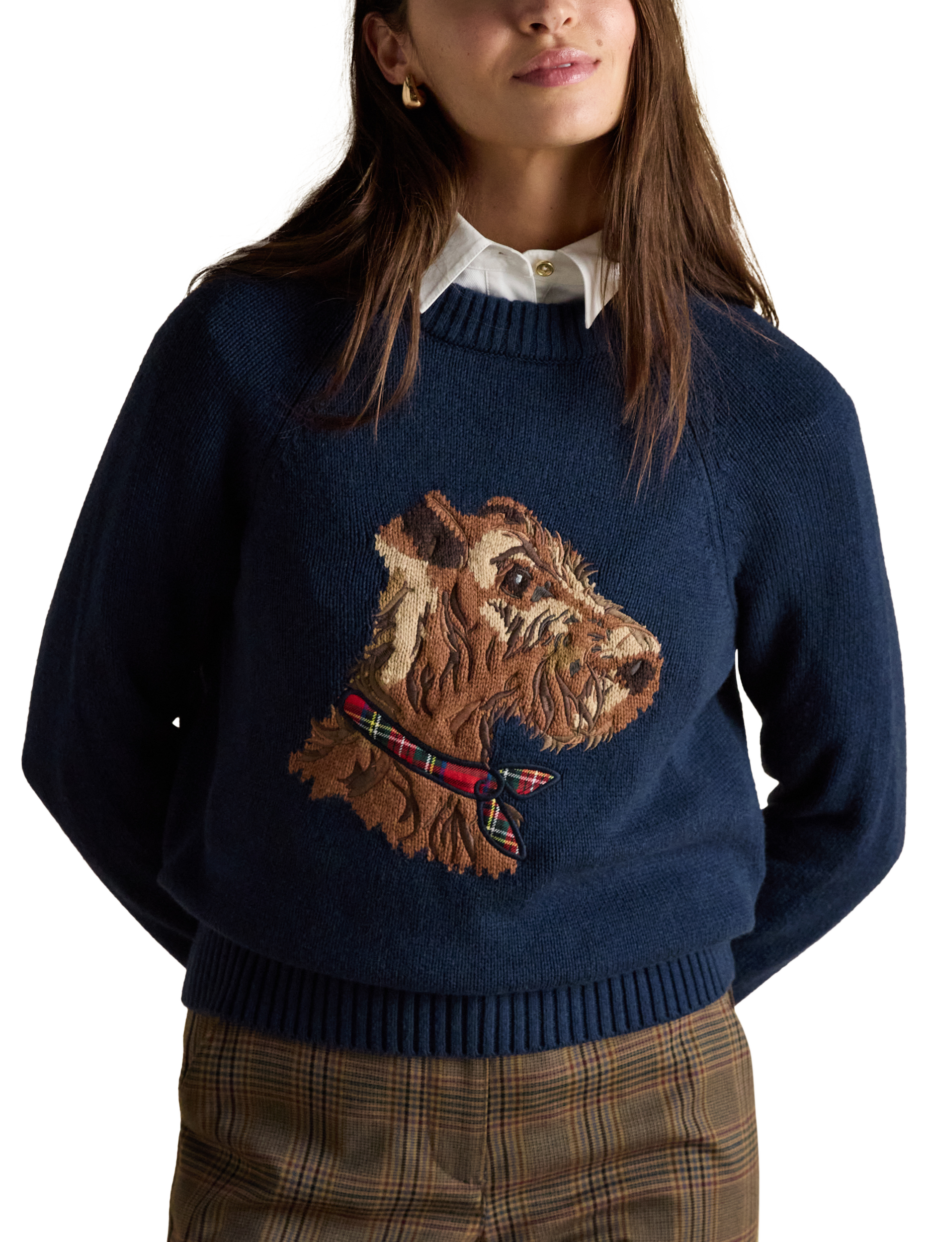 Product image 1 of 7, which shows Joules Knitted Dog Jumper, Navy, M