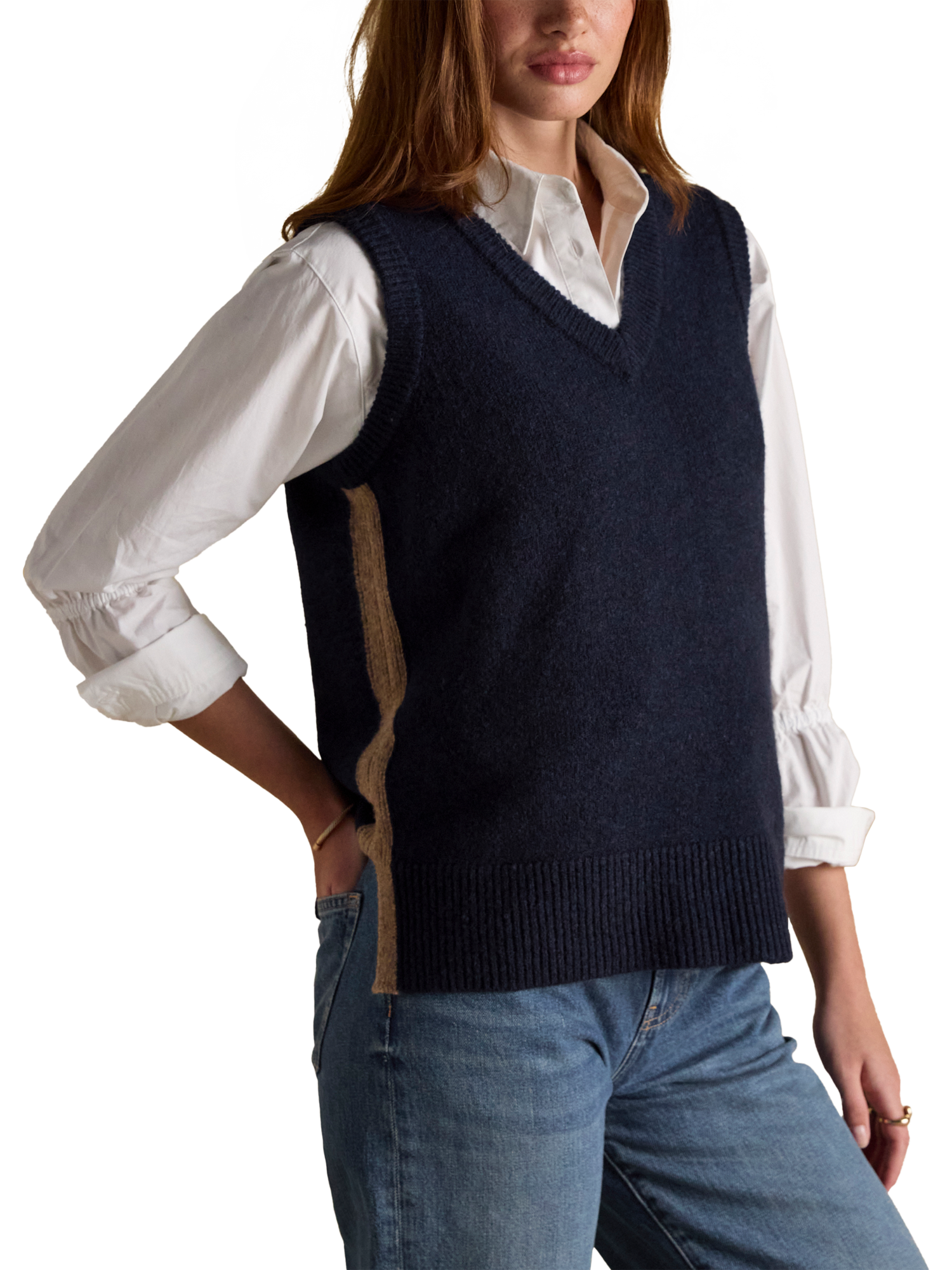 Product image 1 of 7, which shows Joules Knitted Holly Vest, Navy, XS