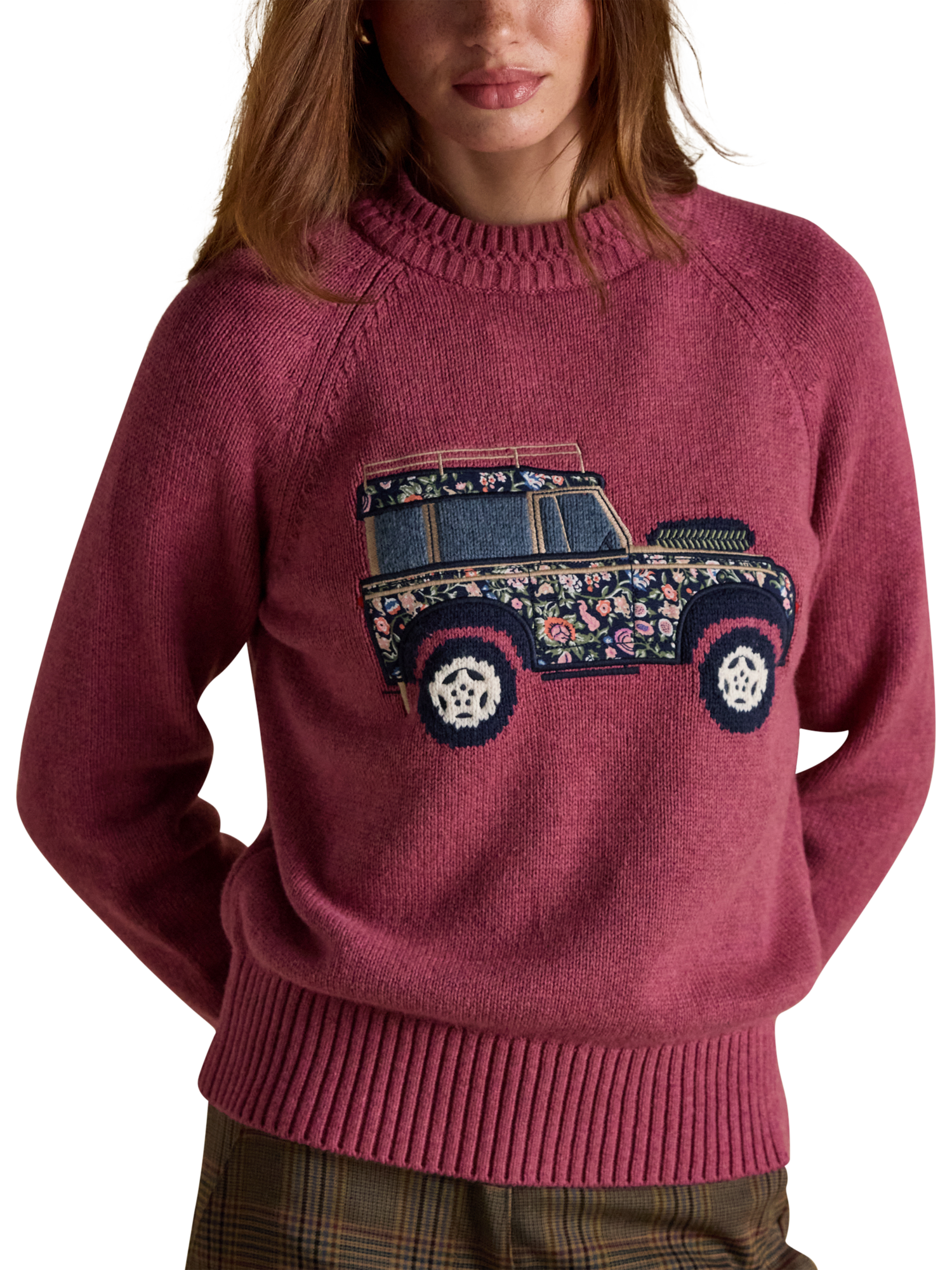 Product image 1 of 7, which shows Joules Jeep Crew Neck Jumper, Pink, XS
