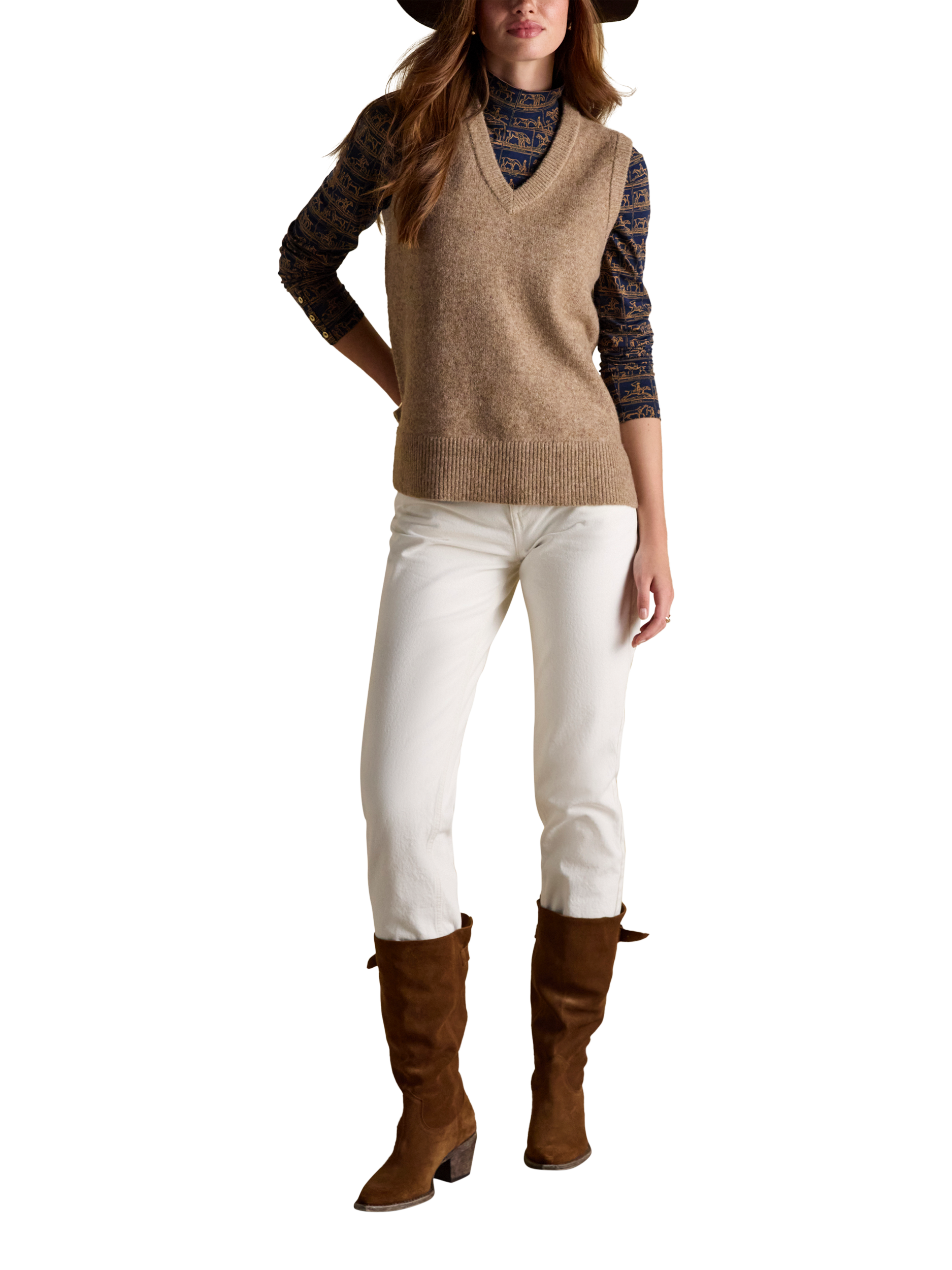 Product image 3 of 7, which shows Joules Knitted Holly Vest, Tan, XS