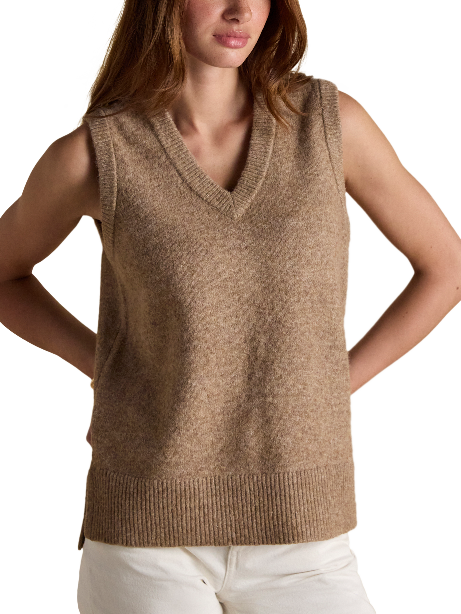 Product image 6 of 7, which shows Joules Knitted Holly Vest, Tan, XS