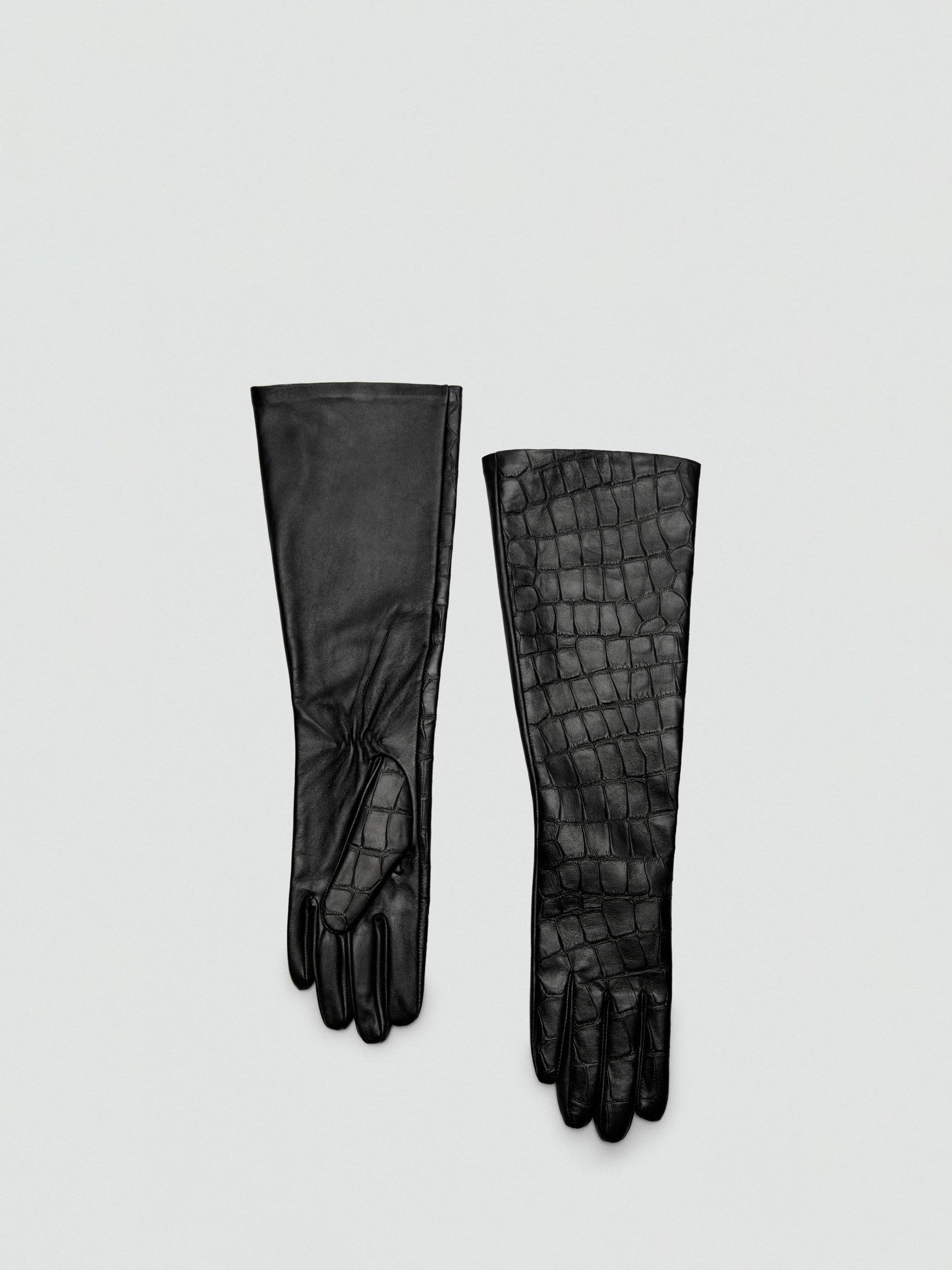 Mango Gil Textured Pure Leather Gloves, Black