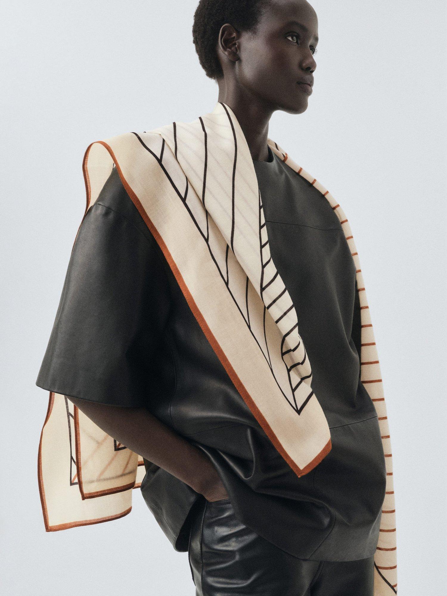 Mango Geometric Stripe Pure Wool Scarf, Brown