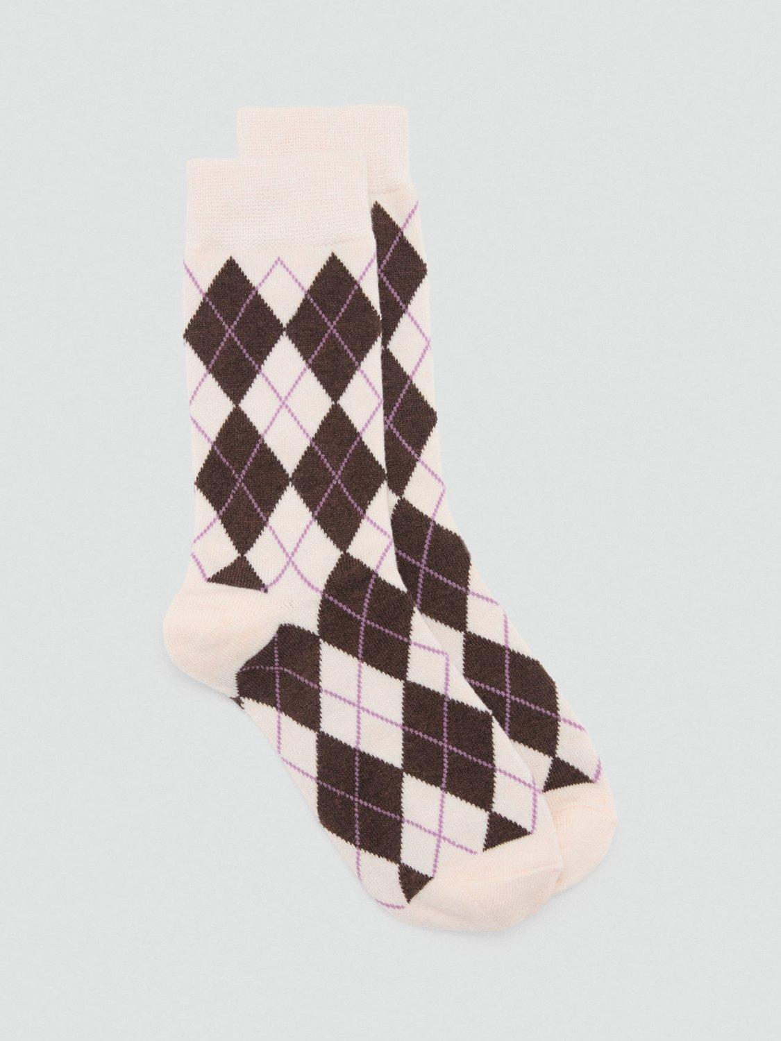 Product image 1 of 4, which shows Mango Argyle Socks, Light Beige, One Size