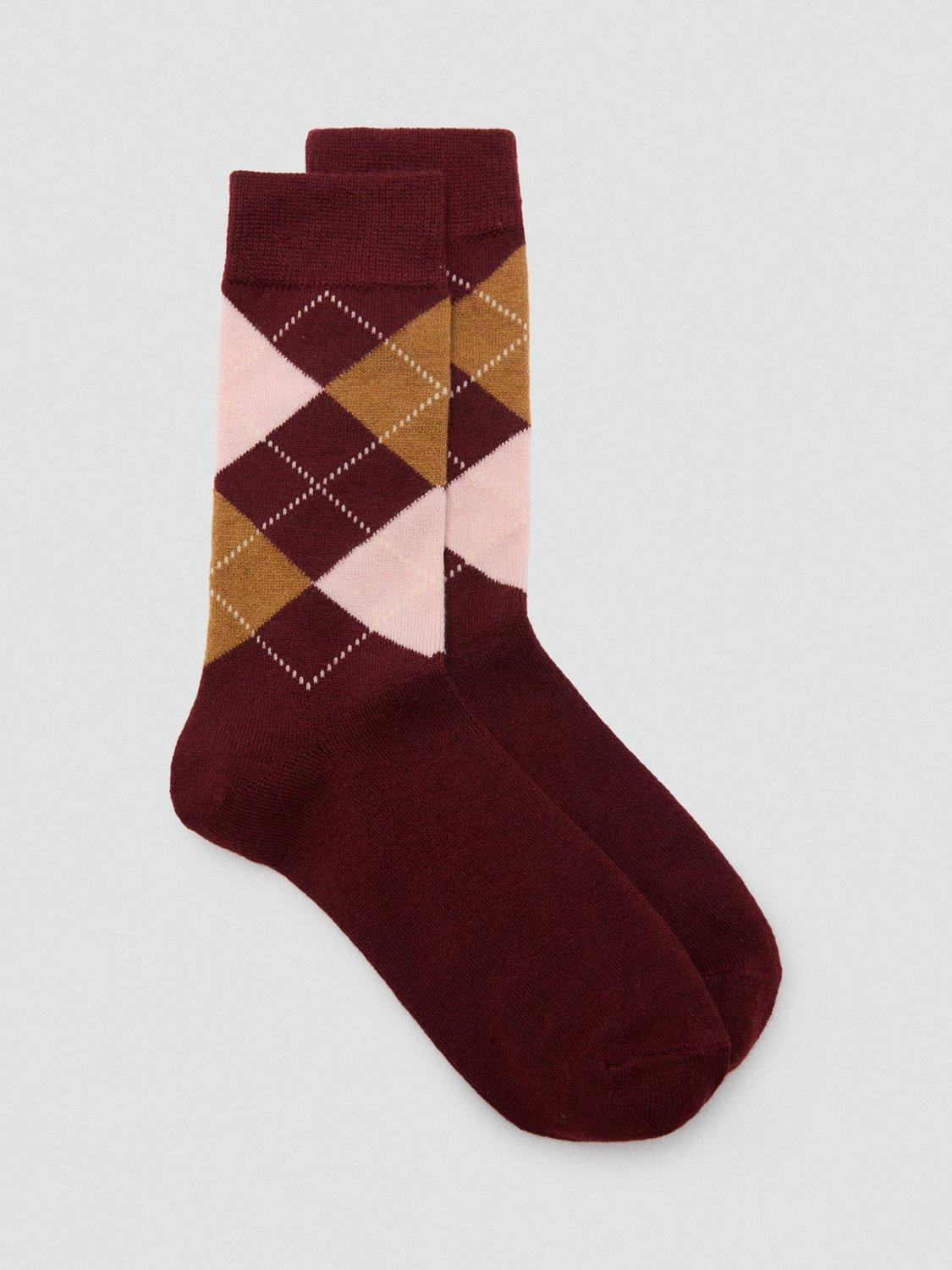 Product image 1 of 4, which shows Mango Argyle Socks, Dark Red, One Size