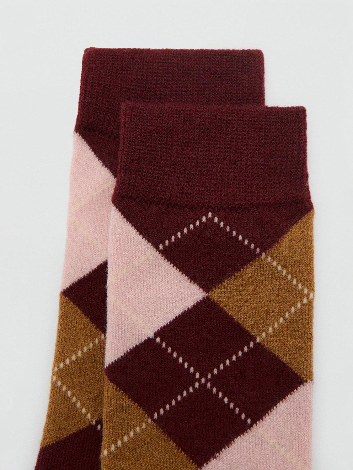 Product image 3 of 4, which shows Mango Argyle Socks, Dark Red, One Size