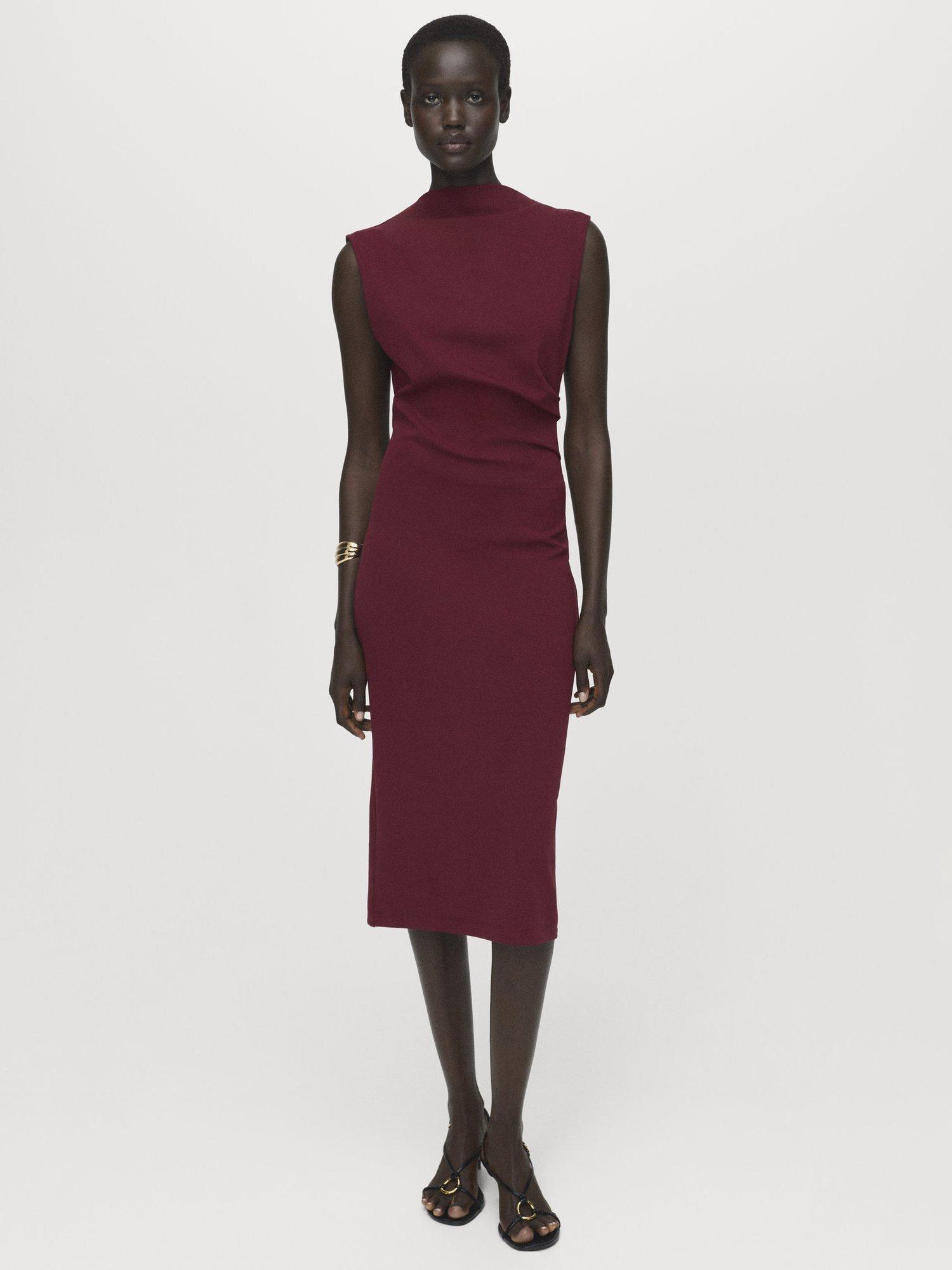 Product image 1 of 8, which shows Mango Belle Ruched Sleeveless Dress, Dark Red, 10