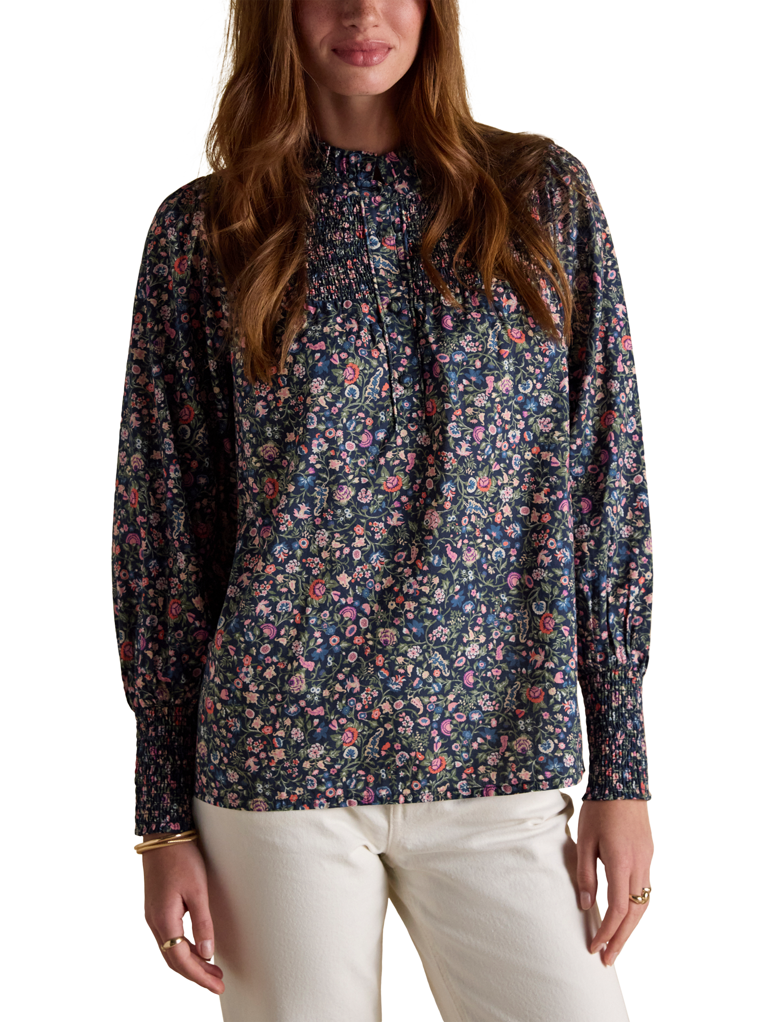Product image 1 of 8, which shows Joules Silvia Ditsy Print Smocked Blouse, Multi, 14