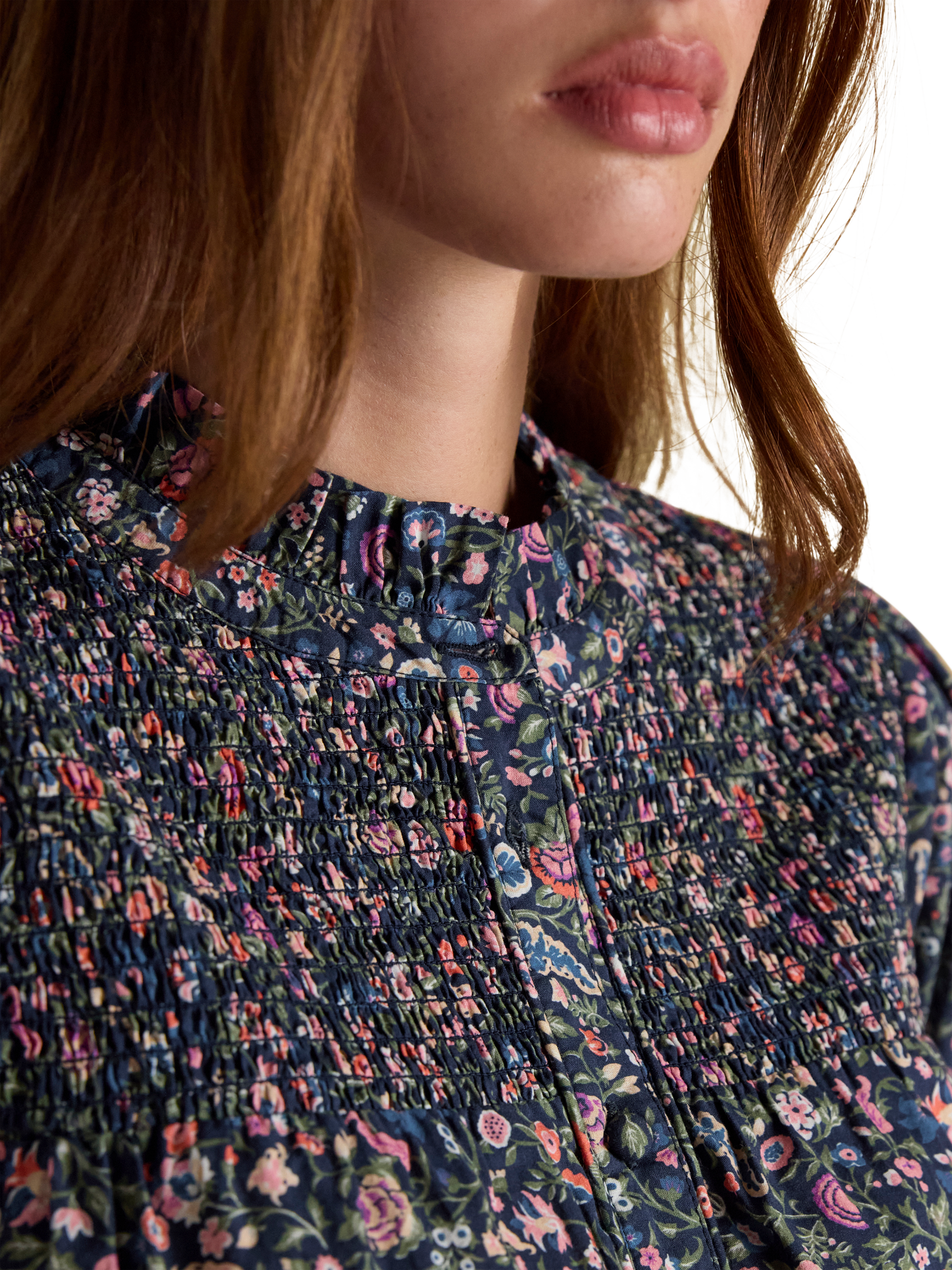 Product image 3 of 8, which shows Joules Silvia Ditsy Print Smocked Blouse, Multi, 14