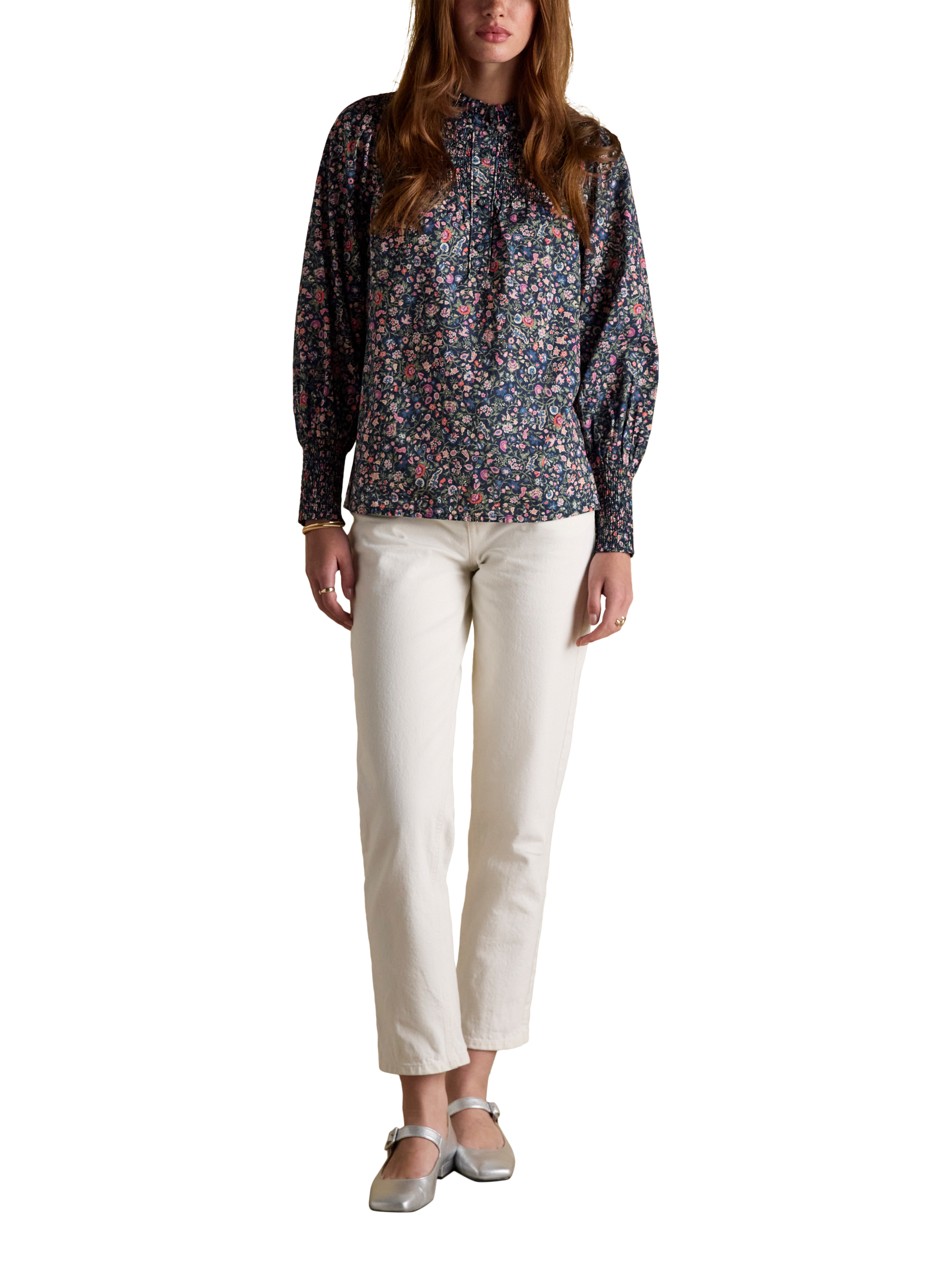 Product image 6 of 8, which shows Joules Silvia Ditsy Print Smocked Blouse, Multi, 14