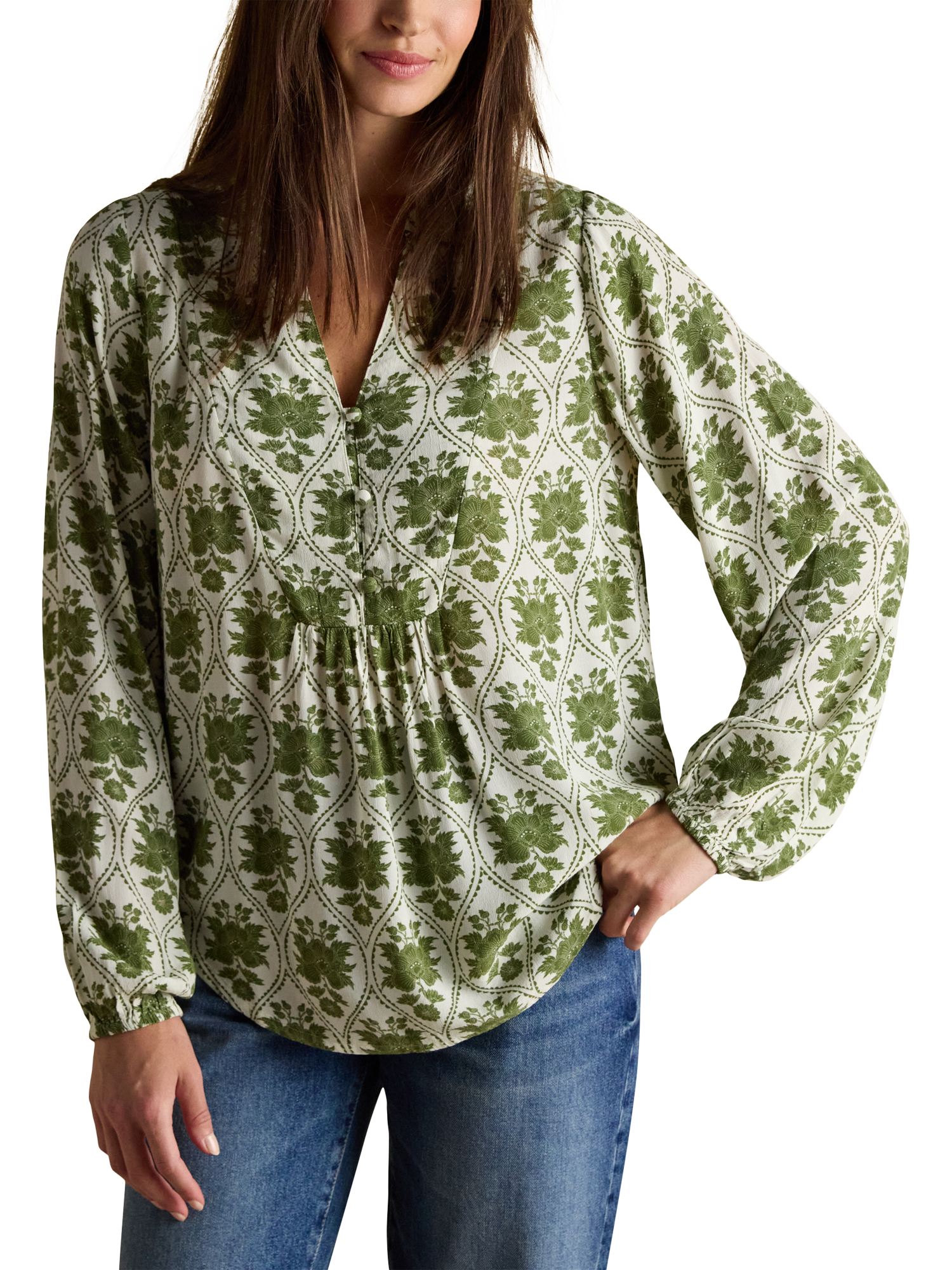 Product image 1 of 7, which shows Joules Floral Long Sleeve Top, Green/Multi, 6