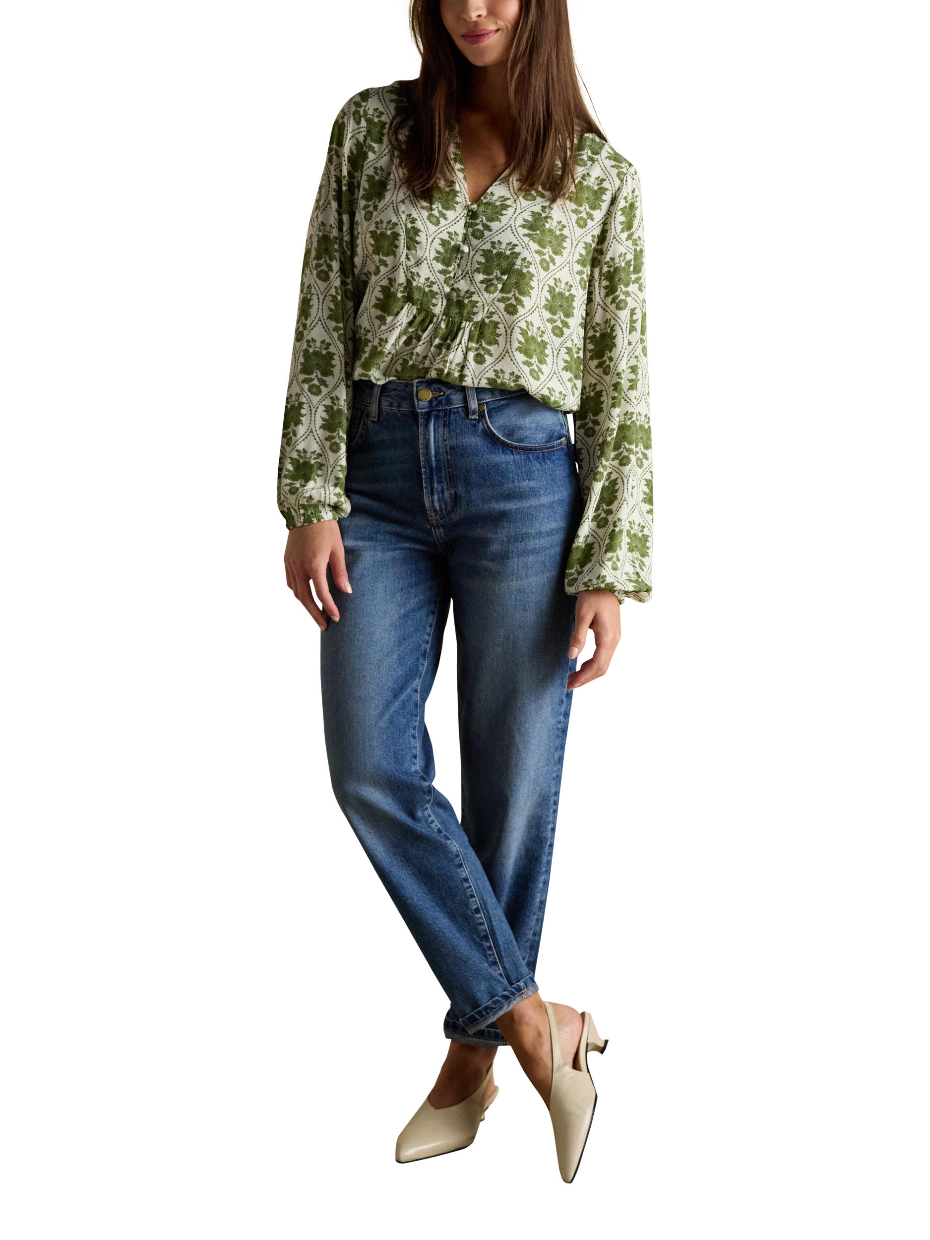 Product image 3 of 7, which shows Joules Floral Long Sleeve Top, Green/Multi, 6