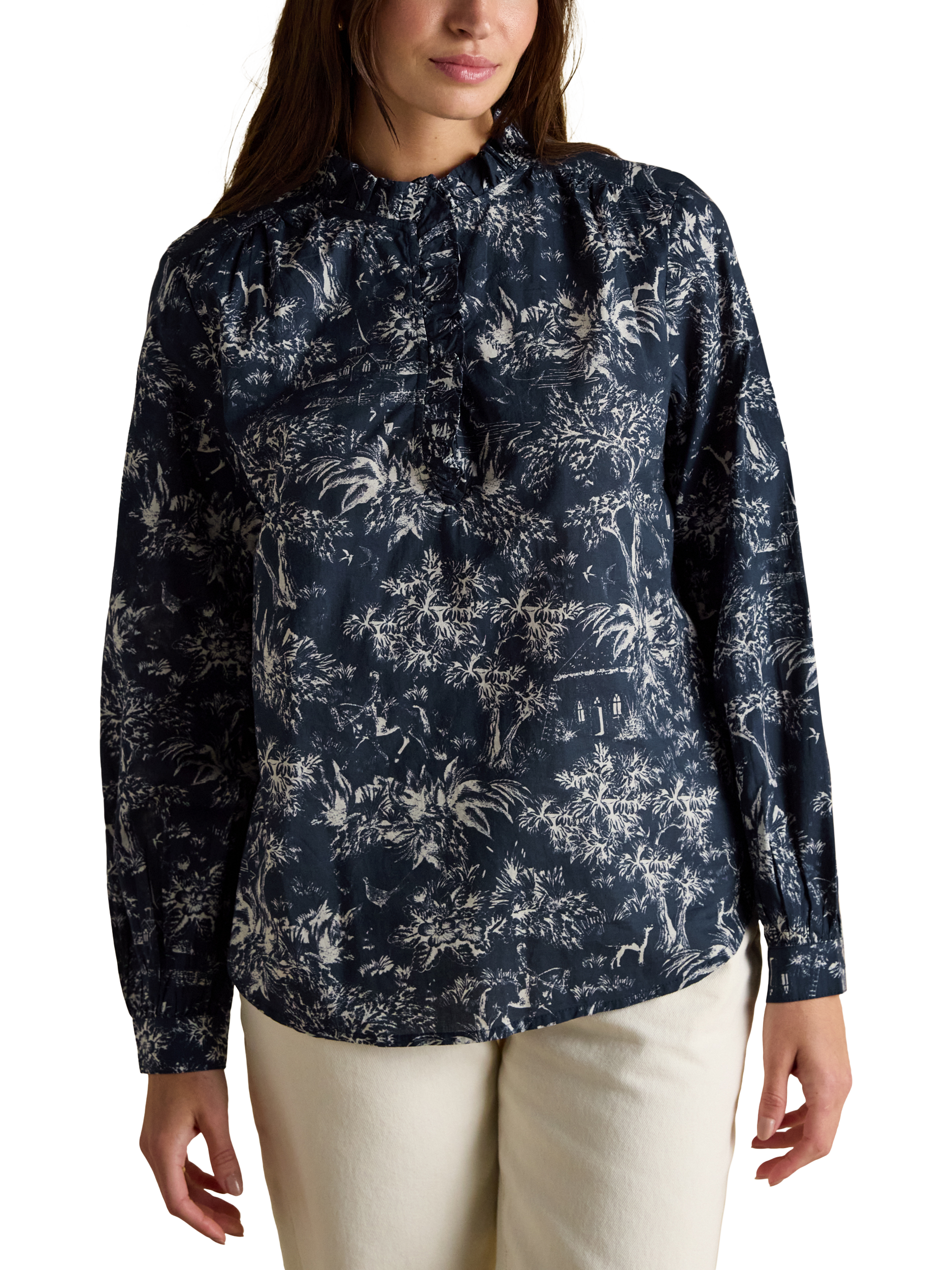 Product image 1 of 7, which shows Joules Ruffled Toile Shirt, Navy/Multi, 6