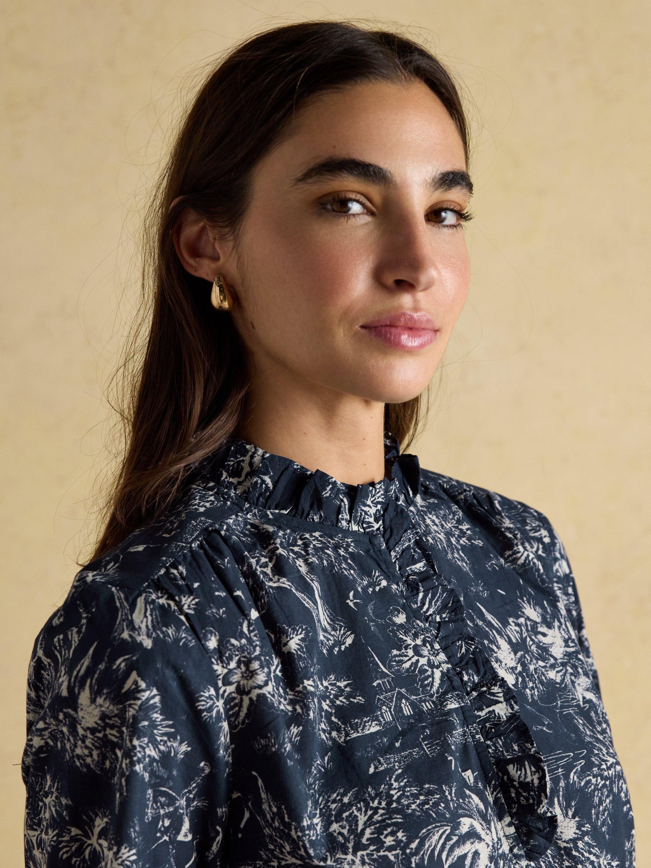 Product image 6 of 7, which shows Joules Ruffled Toile Shirt, Navy/Multi, 6