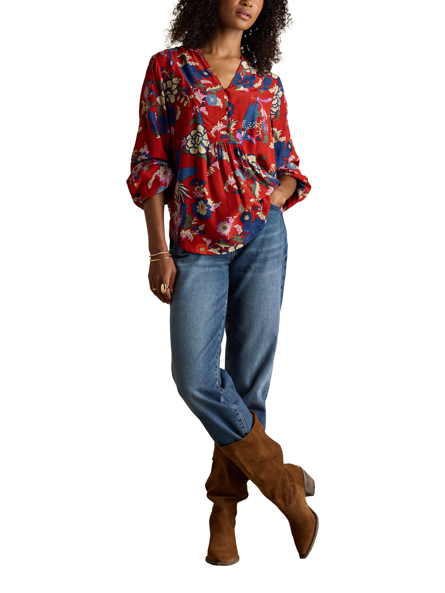 Product image 3 of 9, which shows Joules Floral Long Sleeve Shirt, Red/Multi, 6